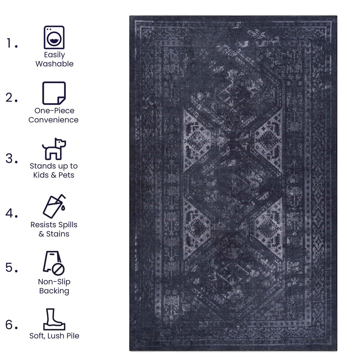 Maval - 3' X 5' Washable Area Rug - Black / Gray