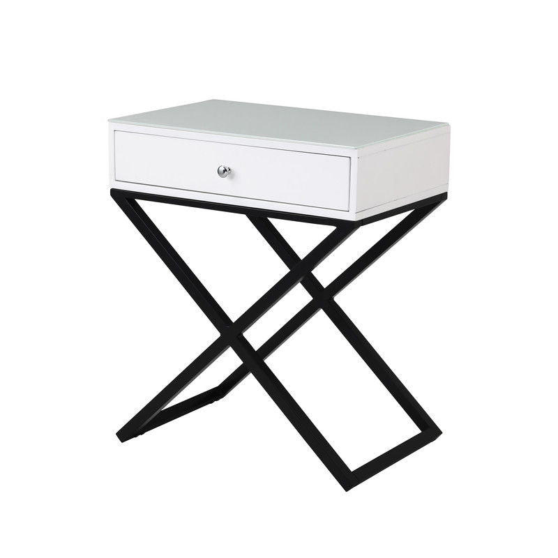Koda 23"W White Wooden End Side Table Nightstand with Glass Top, Drawer and Metal Cross Base