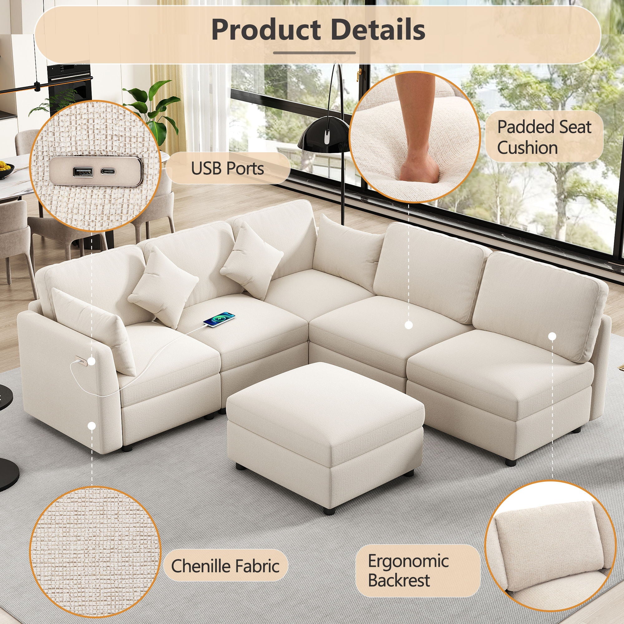Sectional Sofa Modular U-Shaped With Ottoman & USB Ports