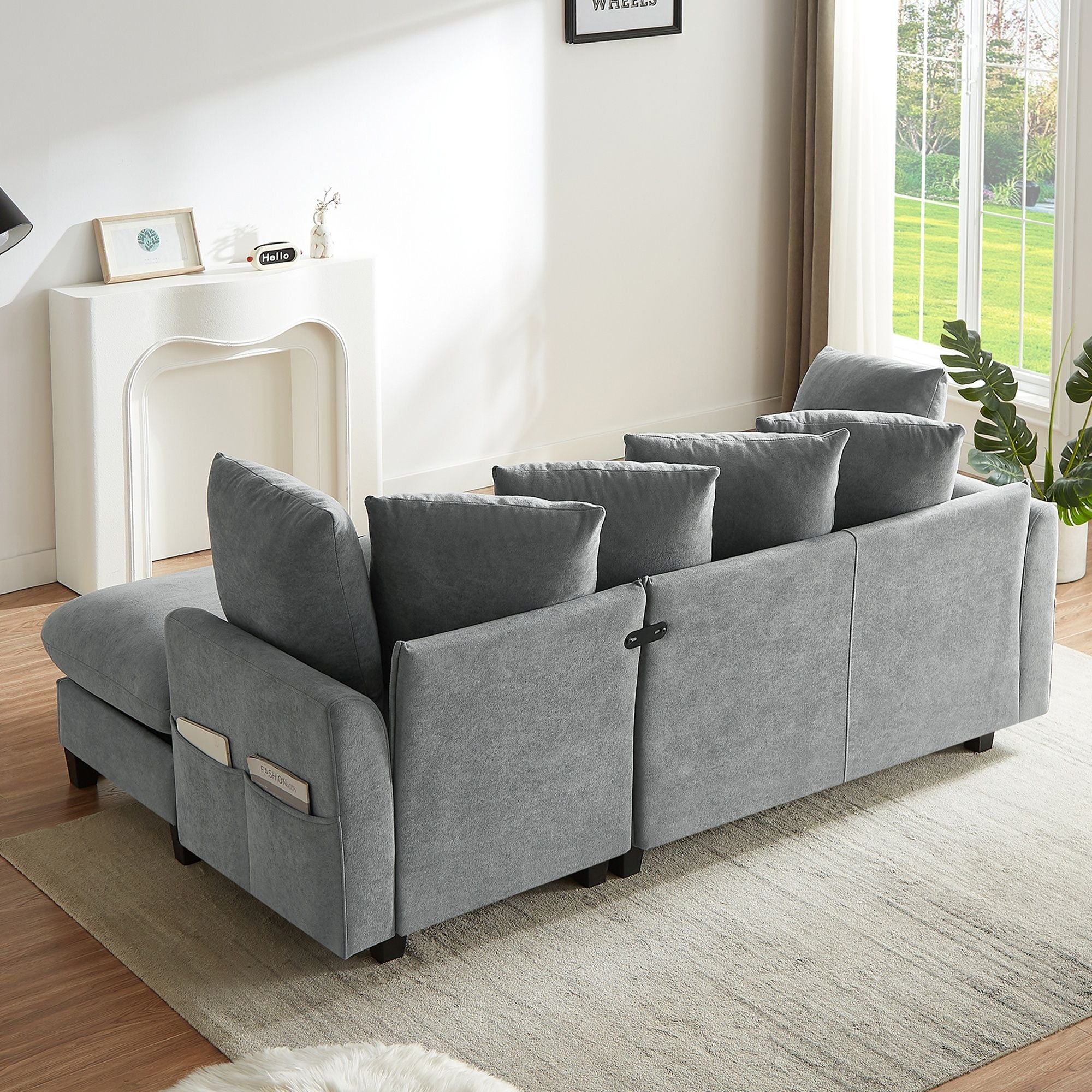 Upholstered L Shaped Sectional Sofa With Storage, Movable Ottoman, And 6 Throw Pillows