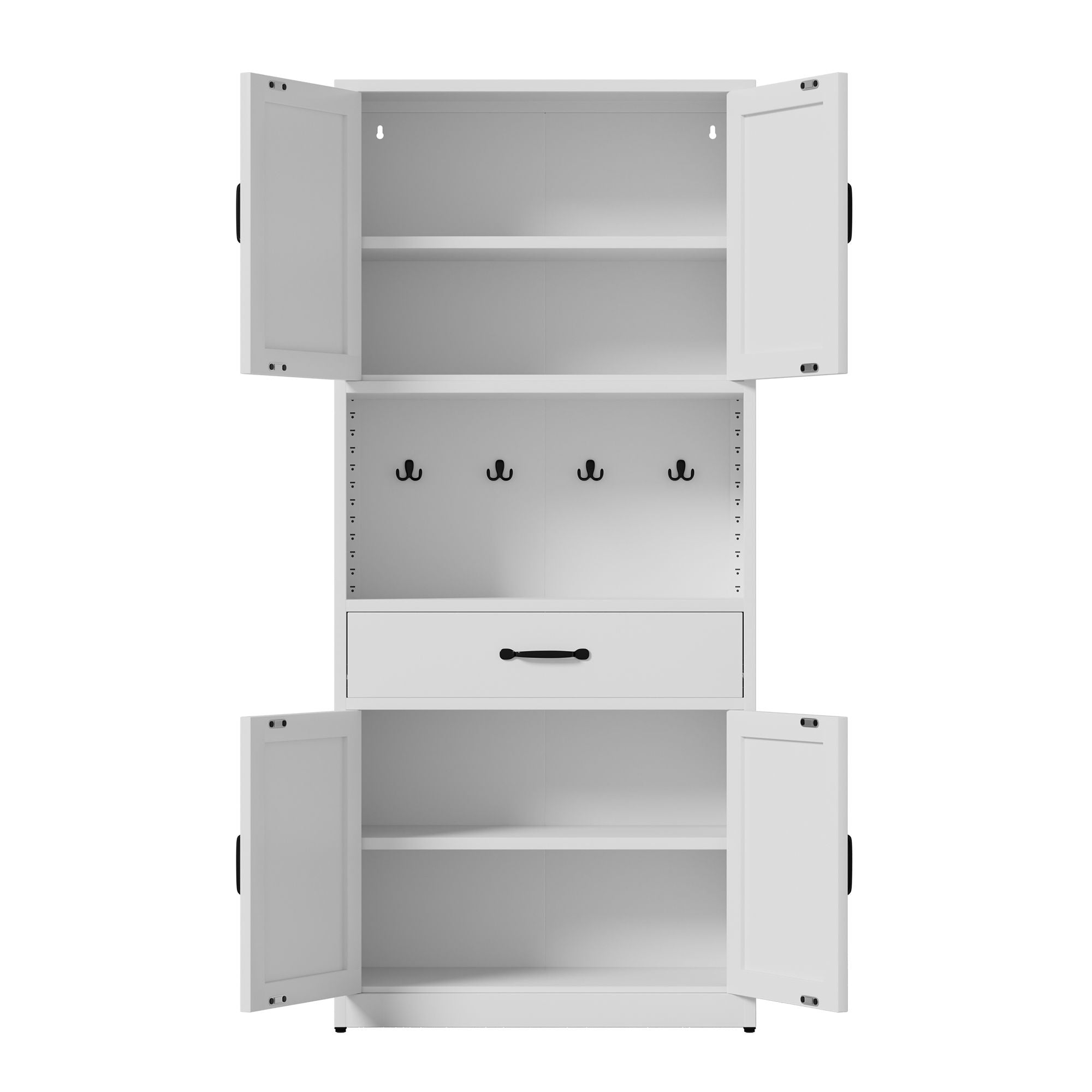 Kitchen Pantry Cabinet With Adjustable Shelves, Drawers, Hooks And Large Countertop - White