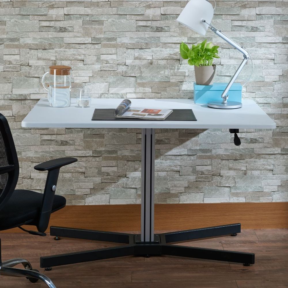 ACME Take a break and get out of the chair once in a while with the adjustable Inscho lift desk. The sturdy base and the large table top allow for plenty of room for working in both sitting or standing positions. | Meri Furniture