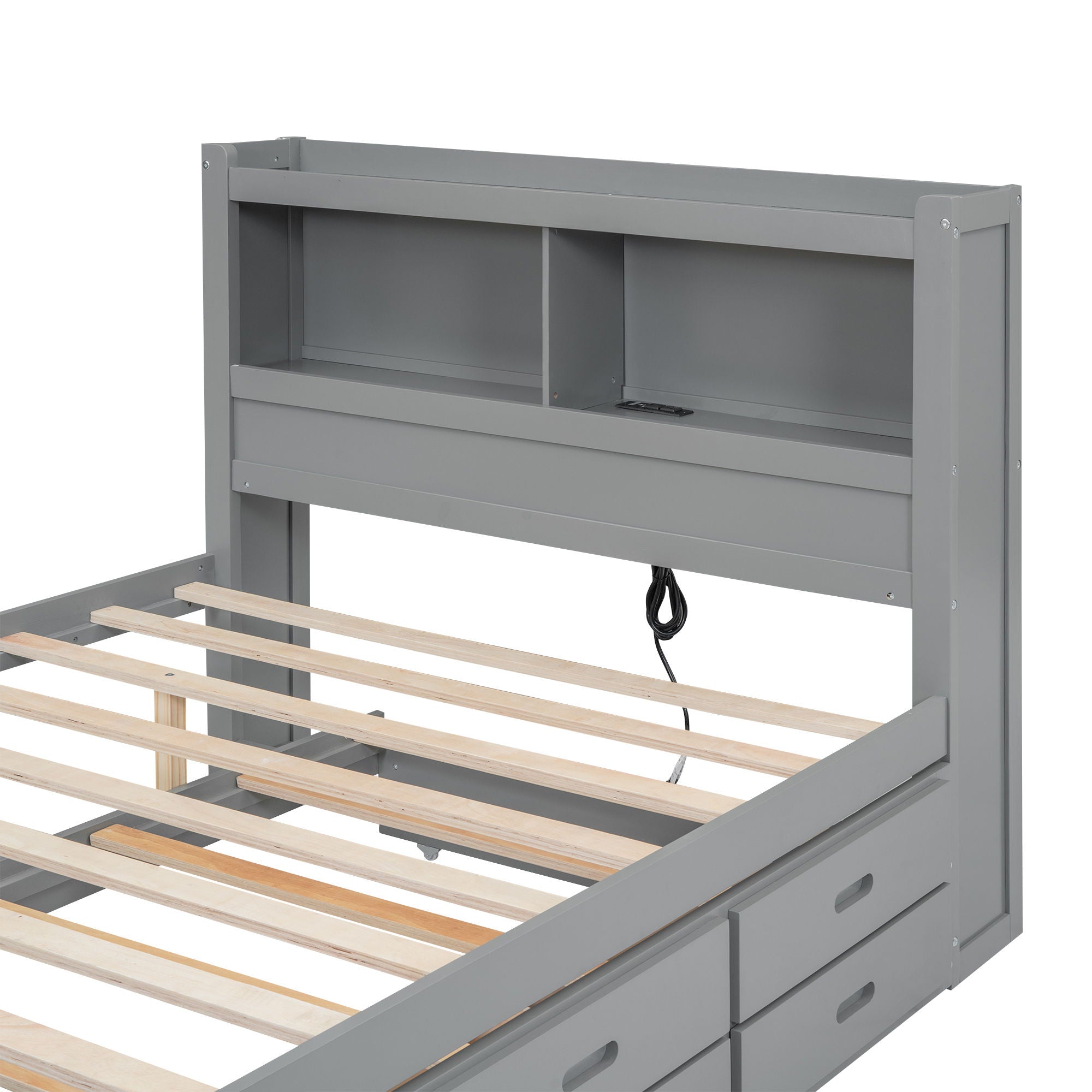 Full Size Platform Bed With Trundle, Drawers, USB Ports And Built In Shelves - Gray