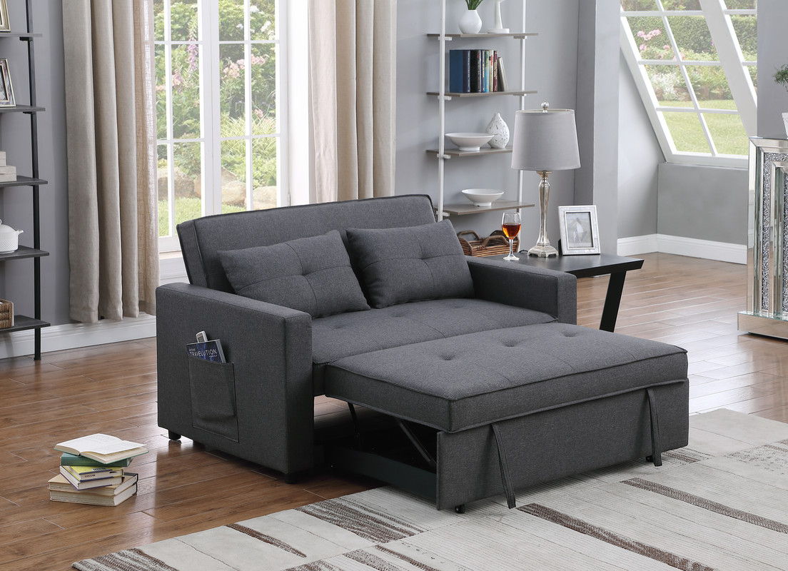 Zoey 56"W Dark Gray Linen Convertible Sleeper Loveseat with Side Pocket