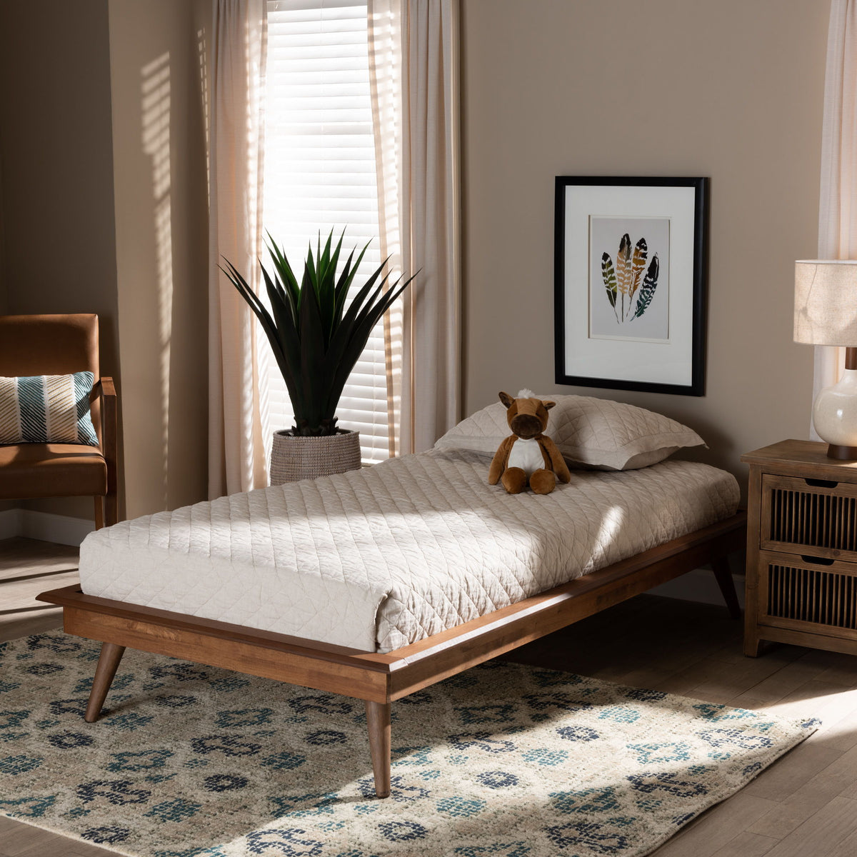 Karine Mid-Century Modern Walnut Brown Finished Wood Twin Size Platform Bed Frame