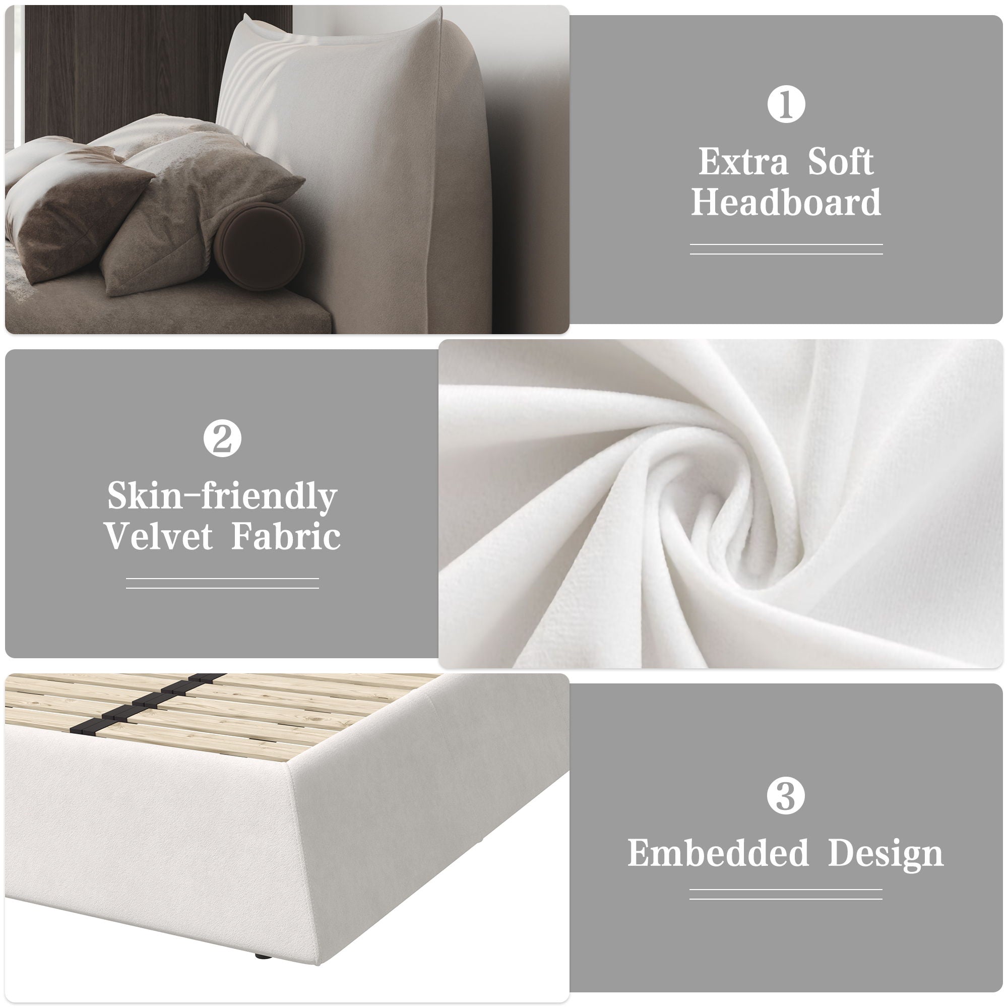 Upholstered Platform Bed With Special Shaped Velvet Headboard