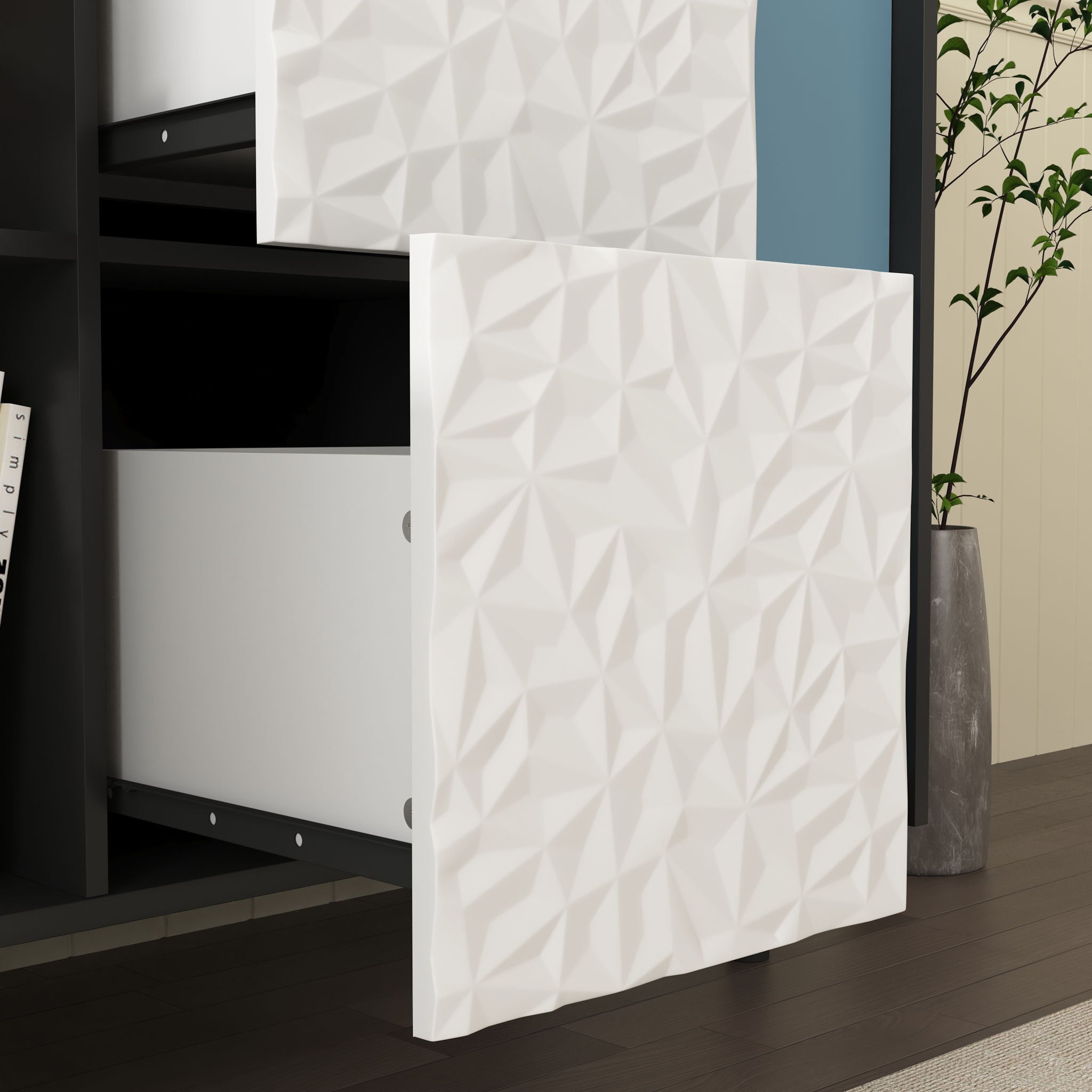 Modern Sideboard Buffet Cabinet With Red Doors And Unique Panel Styling