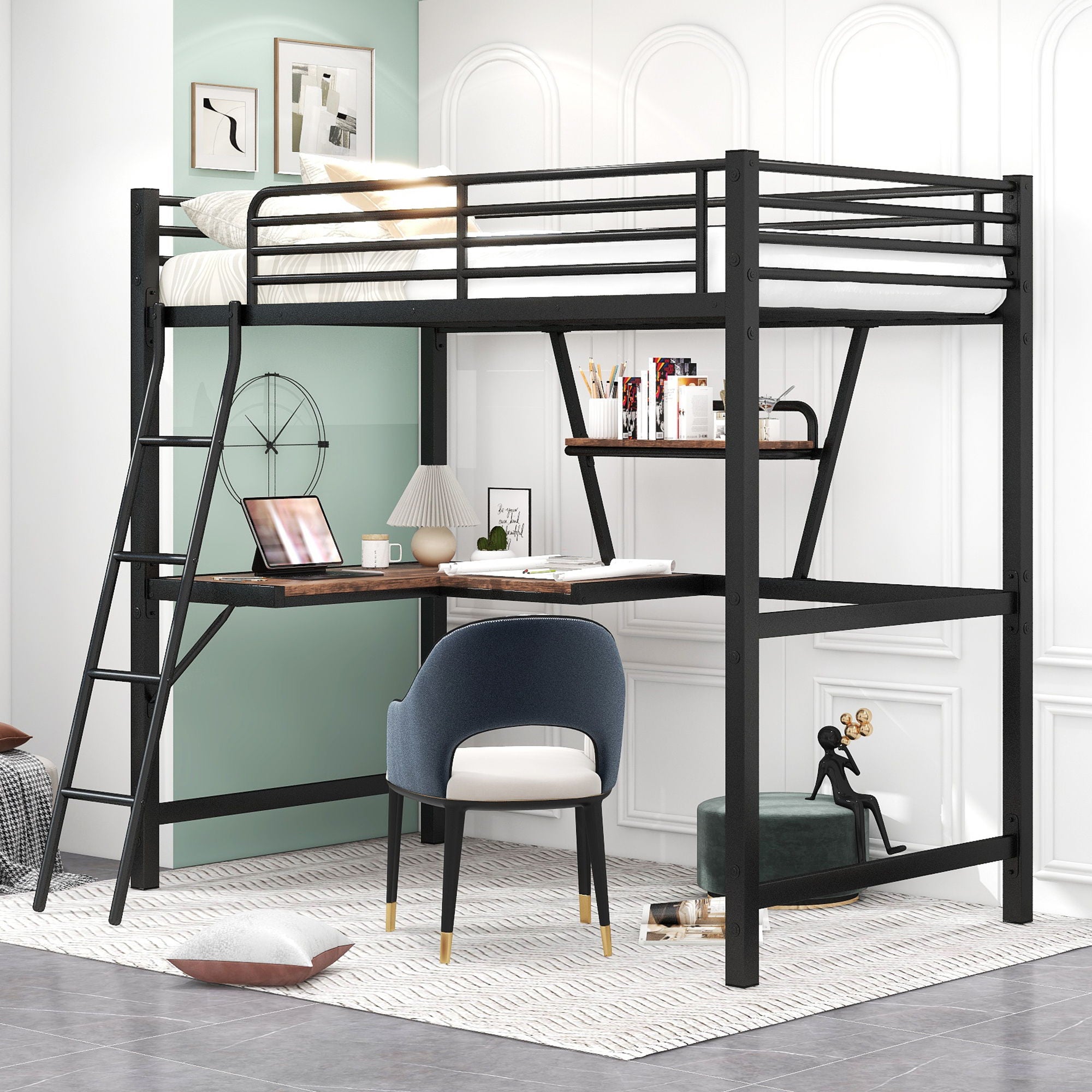 Loft Bed With Desk And Shelf, Modern Design