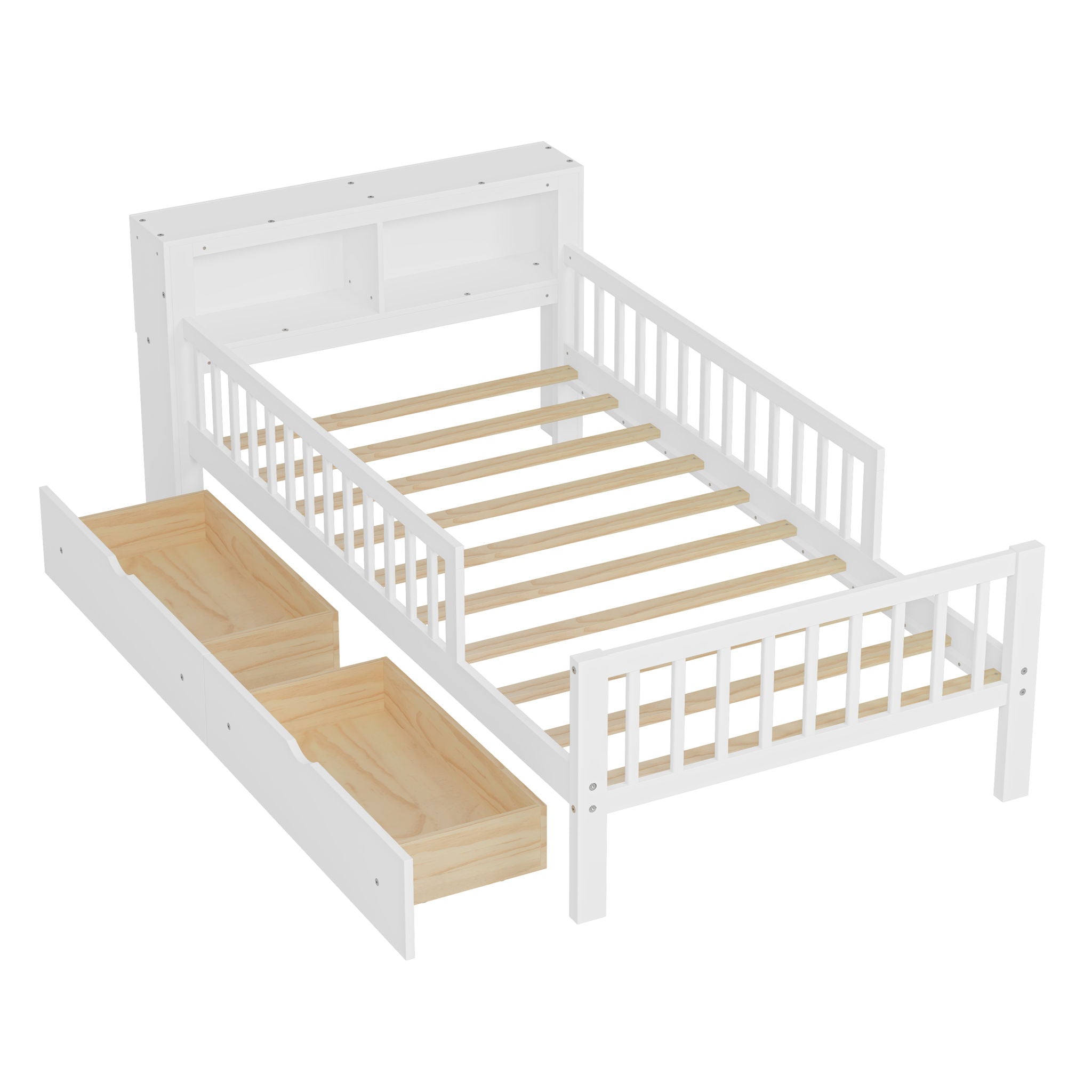 Bed With Headboard Storage Rack, 2 Under Bed Drawers, 3 Side Guardrails For Safety