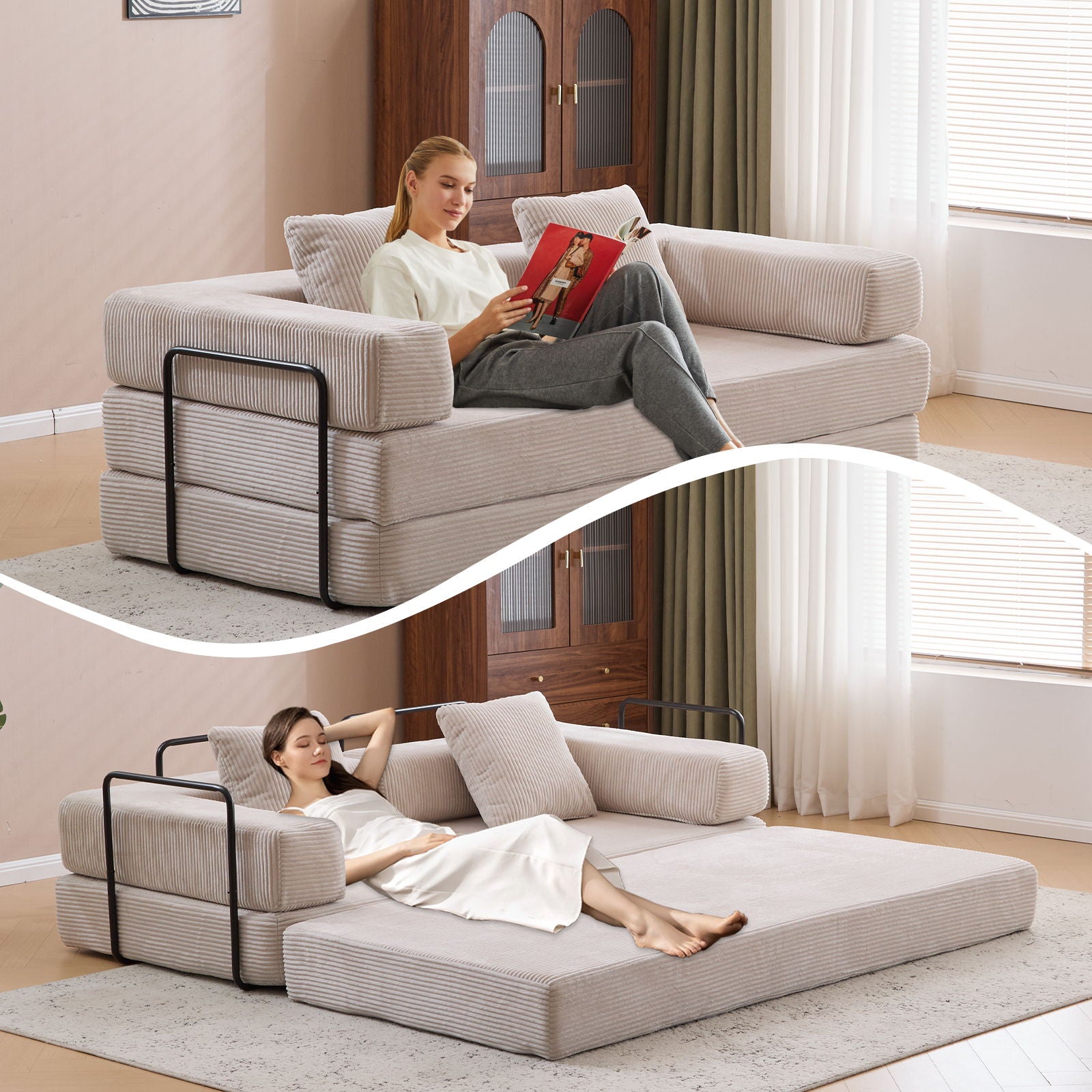 Floor Couch, Convertible Floor Sofa Bed With Pillow Back Support Armrest