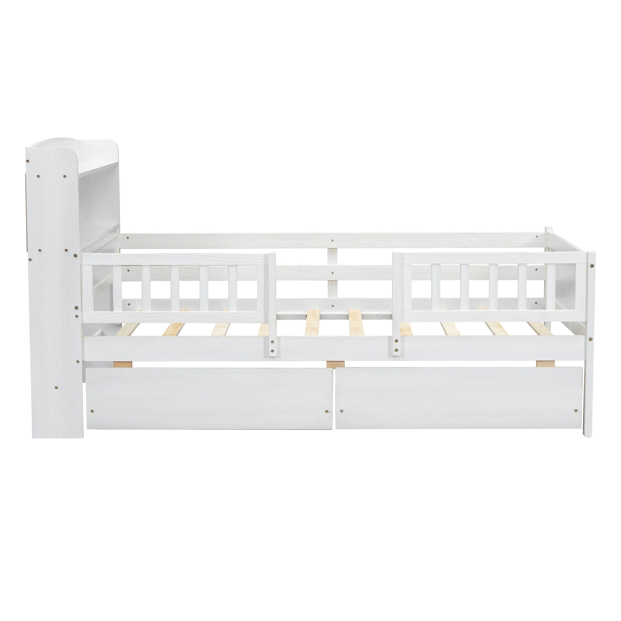 Platform Bed With LED Light, Multi Functional Headboard, Guardrail And 2 Drawers