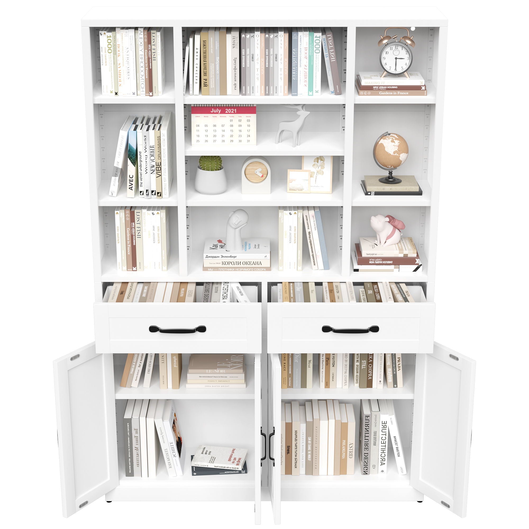 Industrial Bookcase Tall With Adjustable Shelves, Drawers & Doors