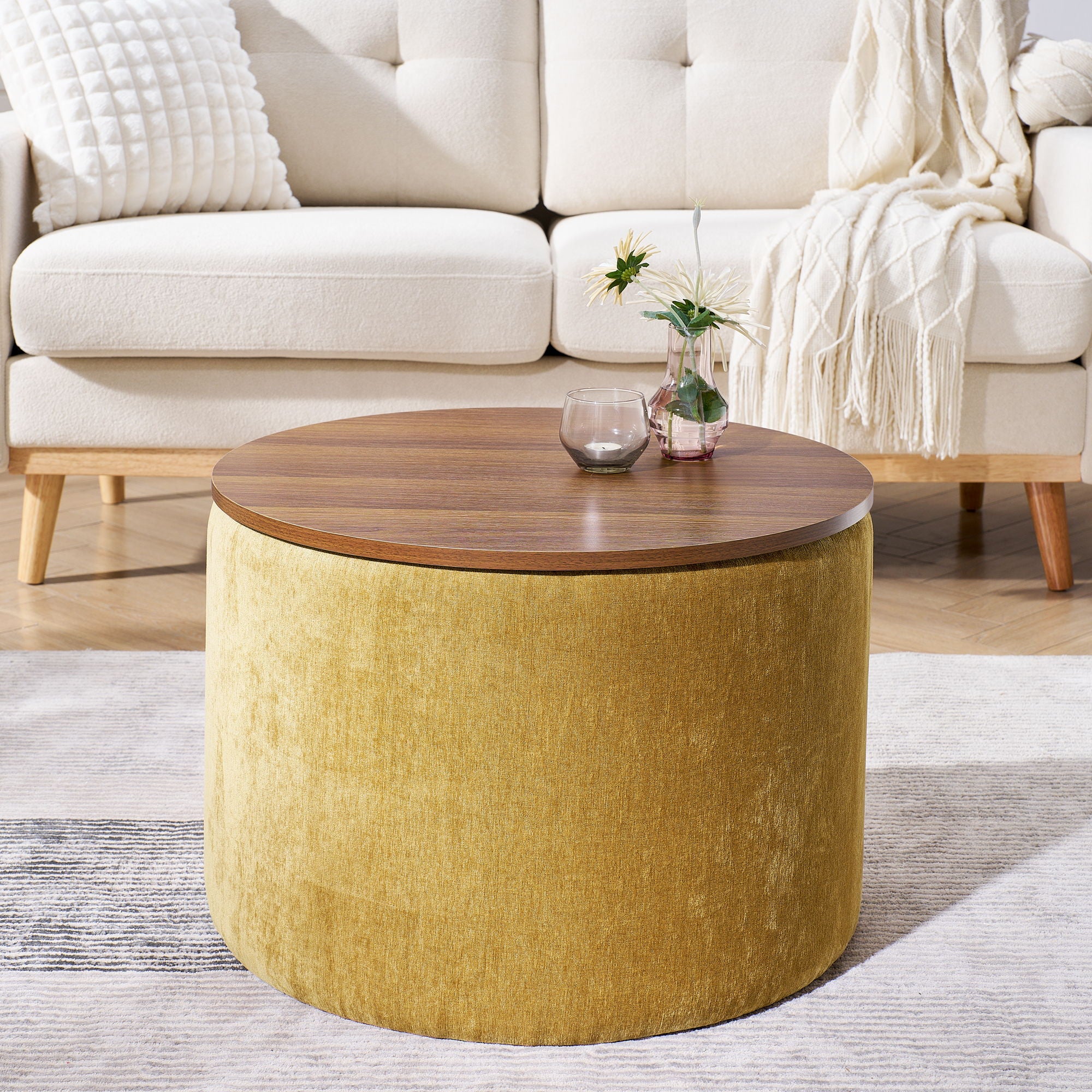 Classic 2 Piece Round Storage Ottoman Set With Drum Shaped Stool