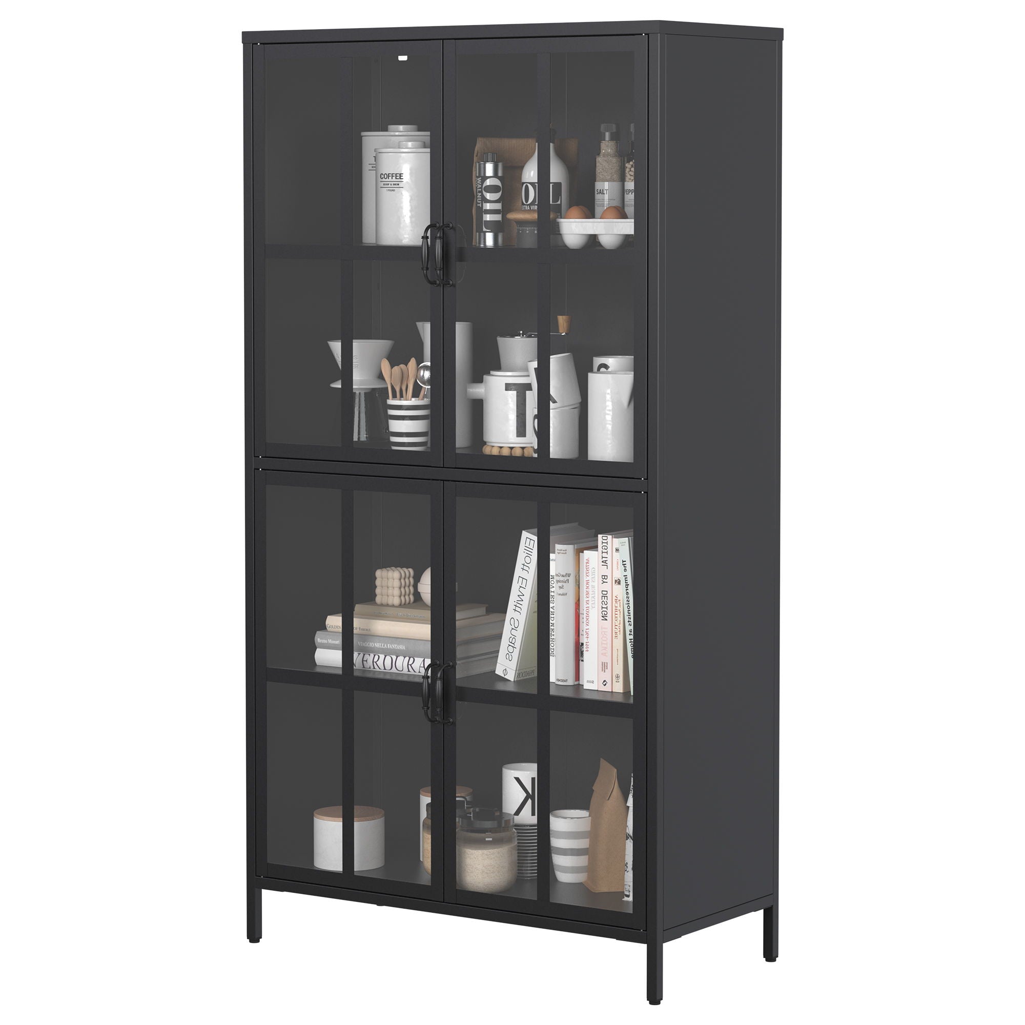 Premium Metal Storage Cabinet With Tempered Glass Doors, Adjustable Shelves, And Anti Tipping Device - Black