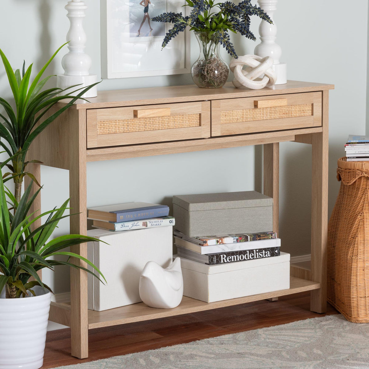 Sebille Mid-Century Modern Light Brown Finished Wood 2-Drawer Console Table with Natural Rattan