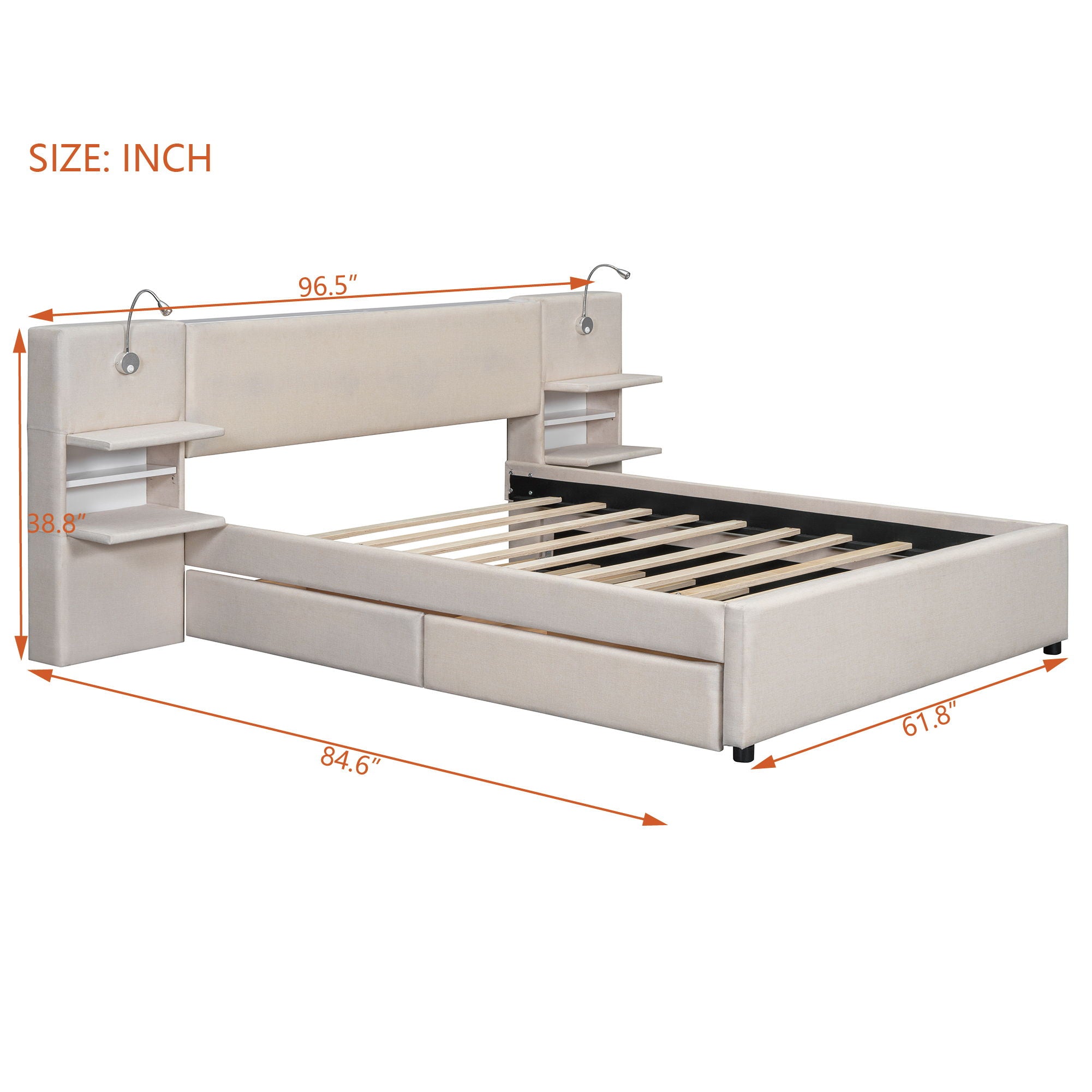 Upholstered Platform Bed With Reading Lights, Drawers, Trundle And Shelves