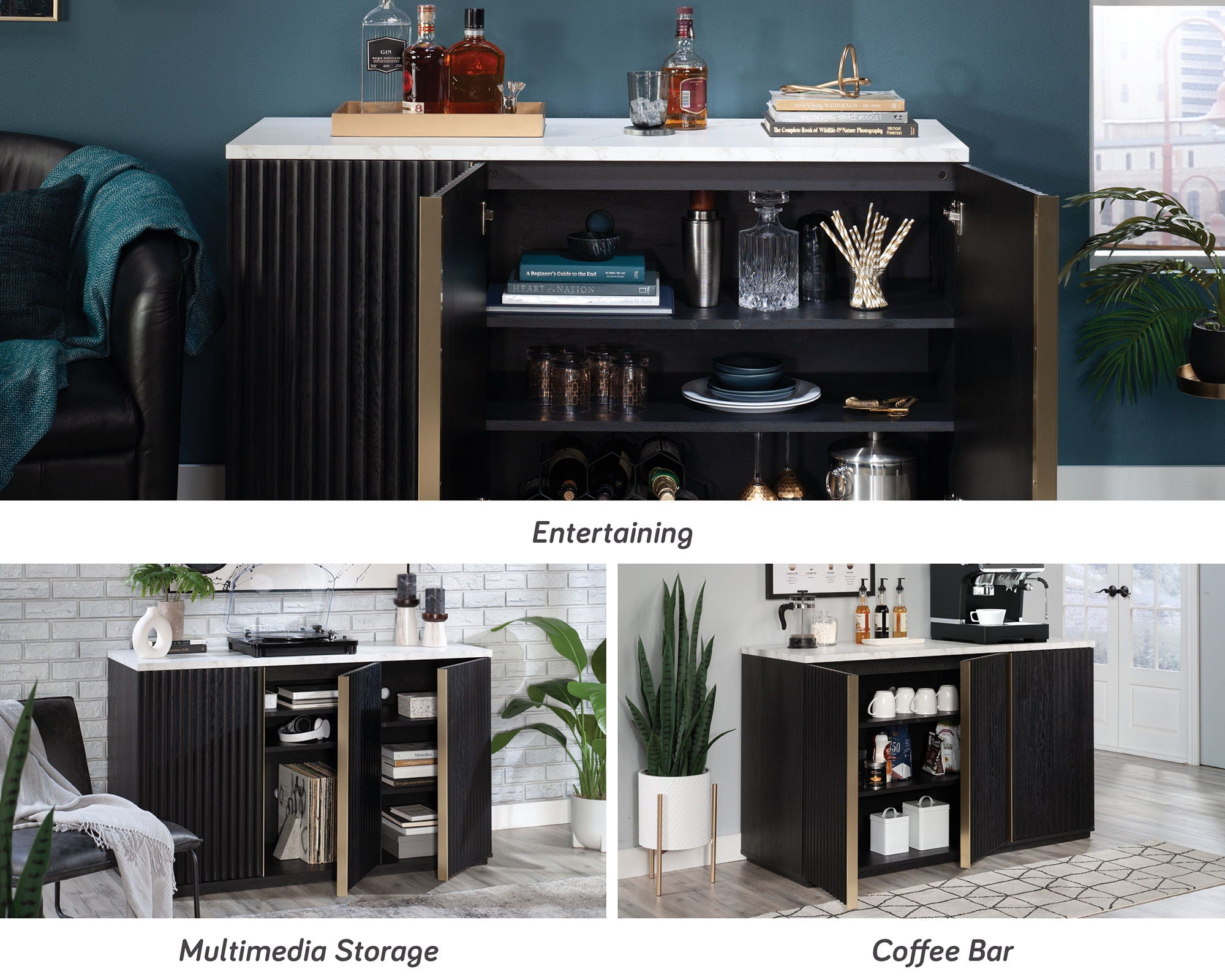 TV Credenza with Gold Accents in Raven Oak