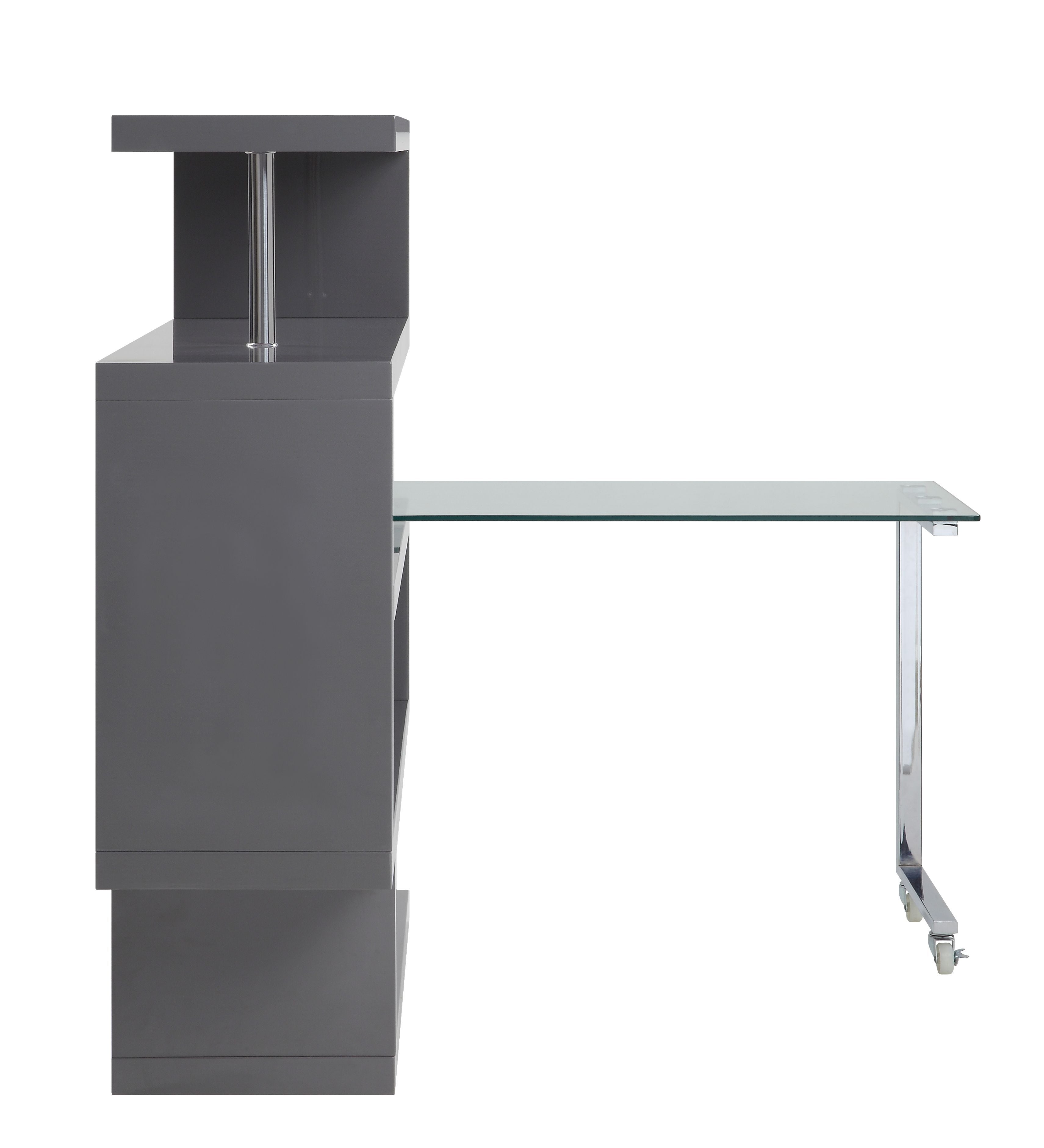 ACME Writing Desk w/Swivel Function 360 Open Storage: 4 Shelves Clear Glass Desk Top High Gloss Finish 2 Wheels Included | Meri Furniture