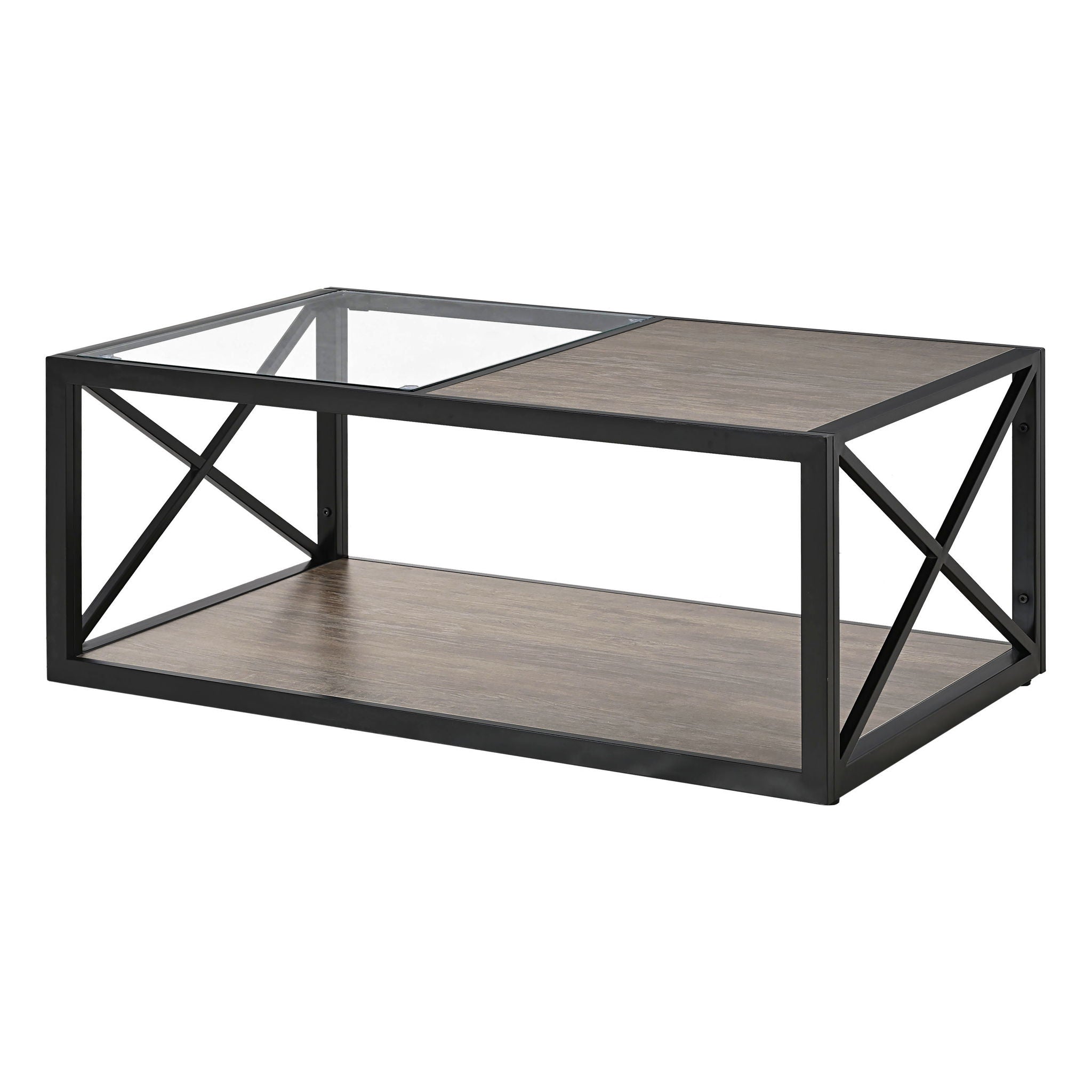 Industrial Style Coffee Table For Bedroom & Living Room With Tempered Glass & Wood Grain - Wood