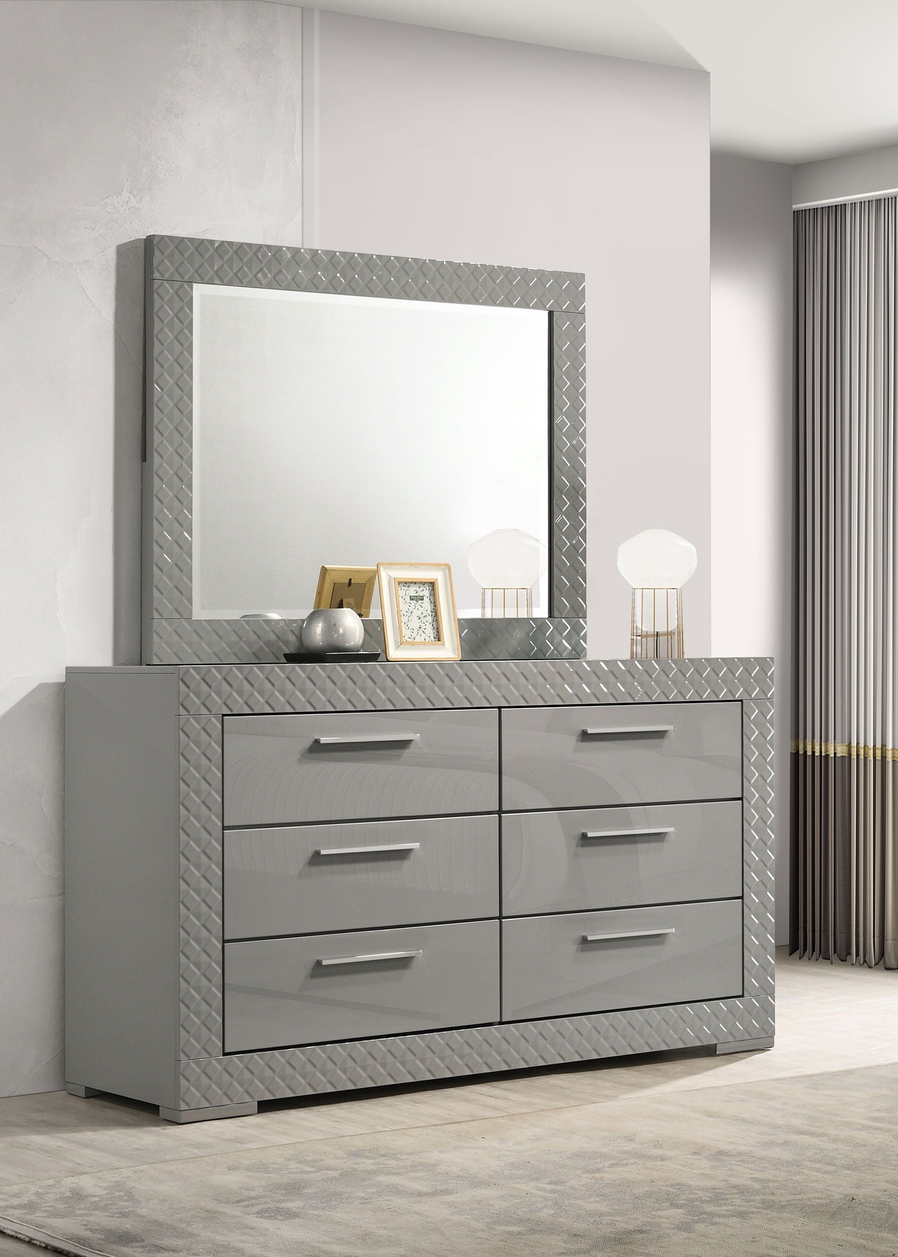 Coaster Fine Furniture Ives - 6-Drawer Dresser And Mirror - Gray High Gloss | Meri Furniture