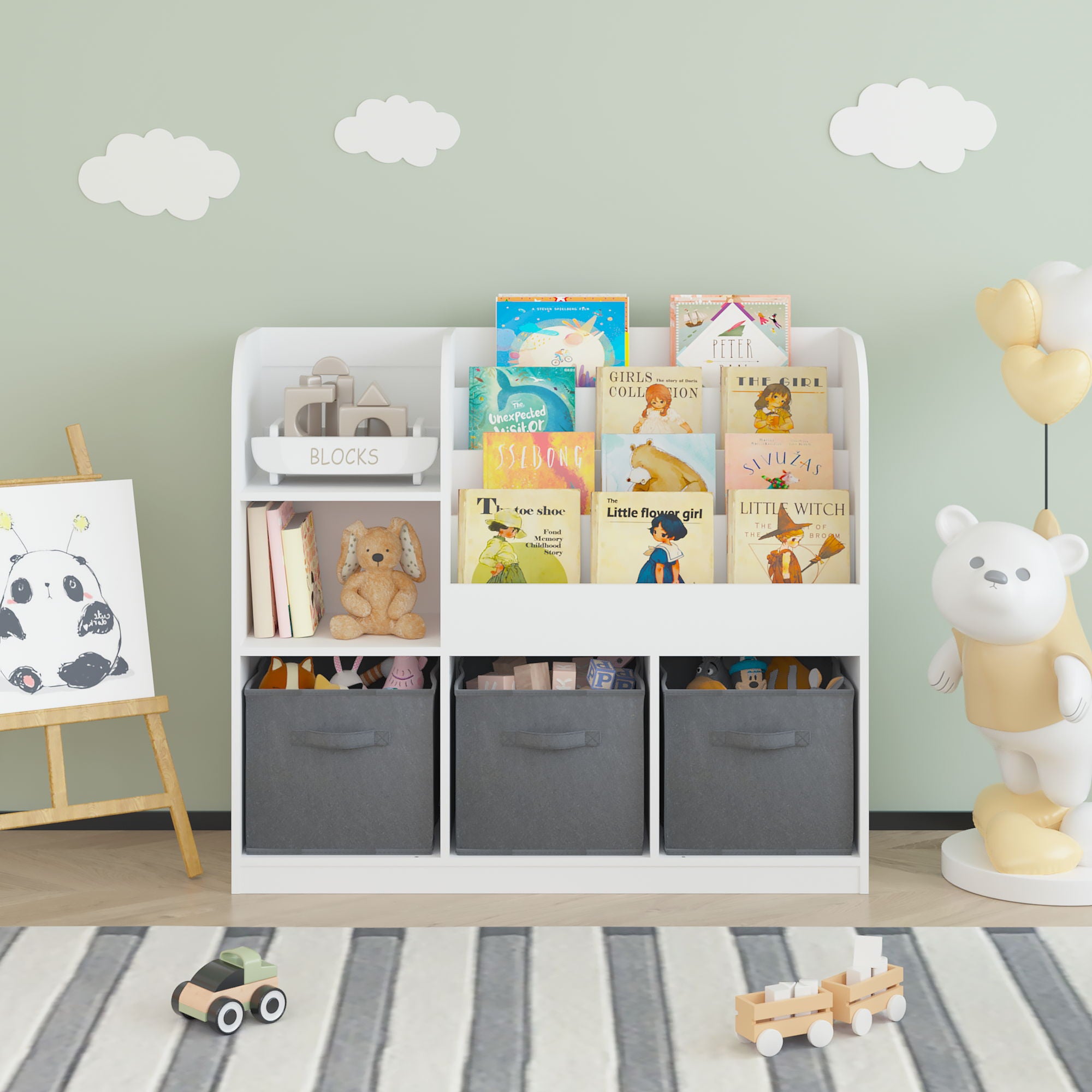 Bookcase And Bookshelf With 3 Collapsible Drawers, Multifunctional Display Stand