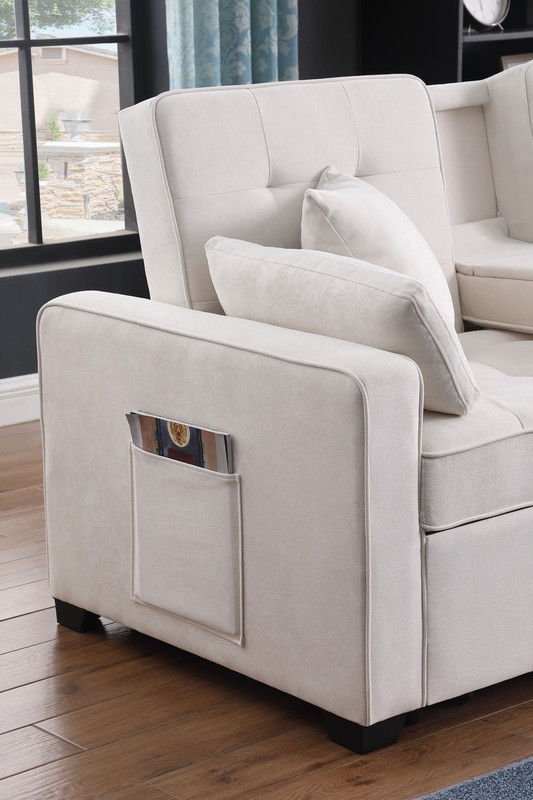 Cody II 70"W Beige Woven Fabric Convertible Sleeper Loveseat with Dropdown Console, Cup Holders, Charging Ports, Pocket, and Pocket Coil Seating