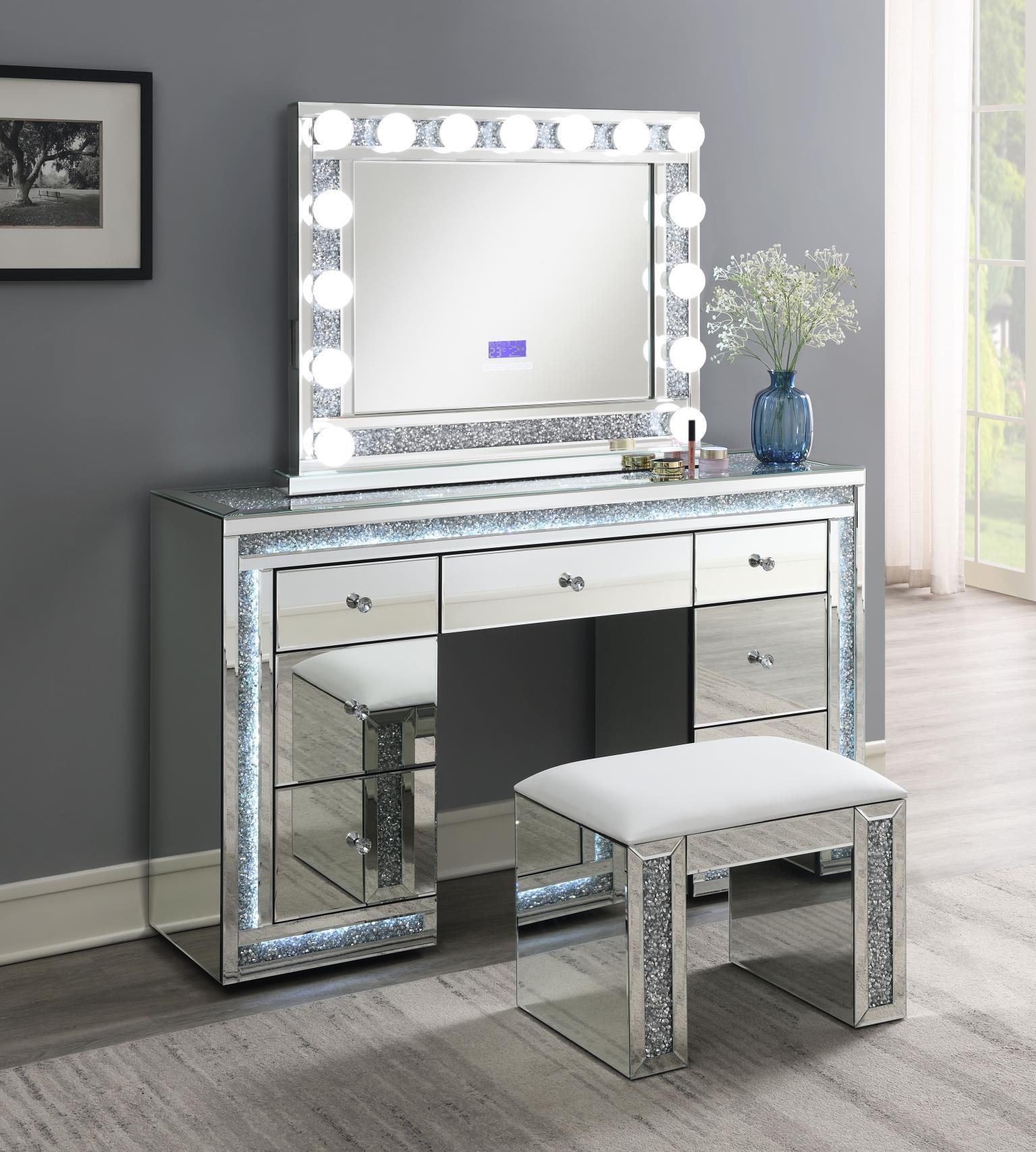 G-320 - Glamour Vanity Set (MDF Dresser + Mirror Bluetooth Speaker With Lights) - Pearl Silver