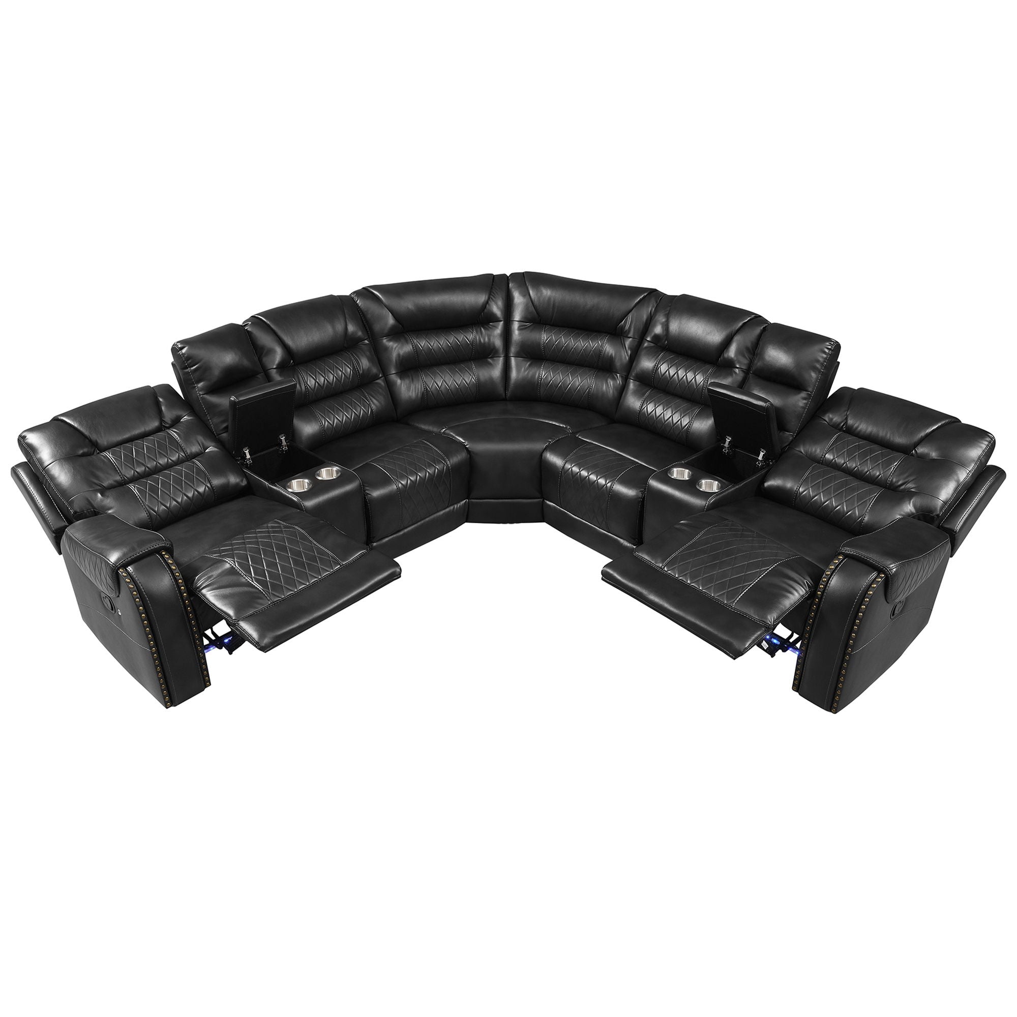 Manual Reclining Sectional Sofa Set, L Shaped Symmetrical Motion Sofa Corner Couch Sets With Storage Boxes, 4 Cup Holders And LED Light Strip For Living Room