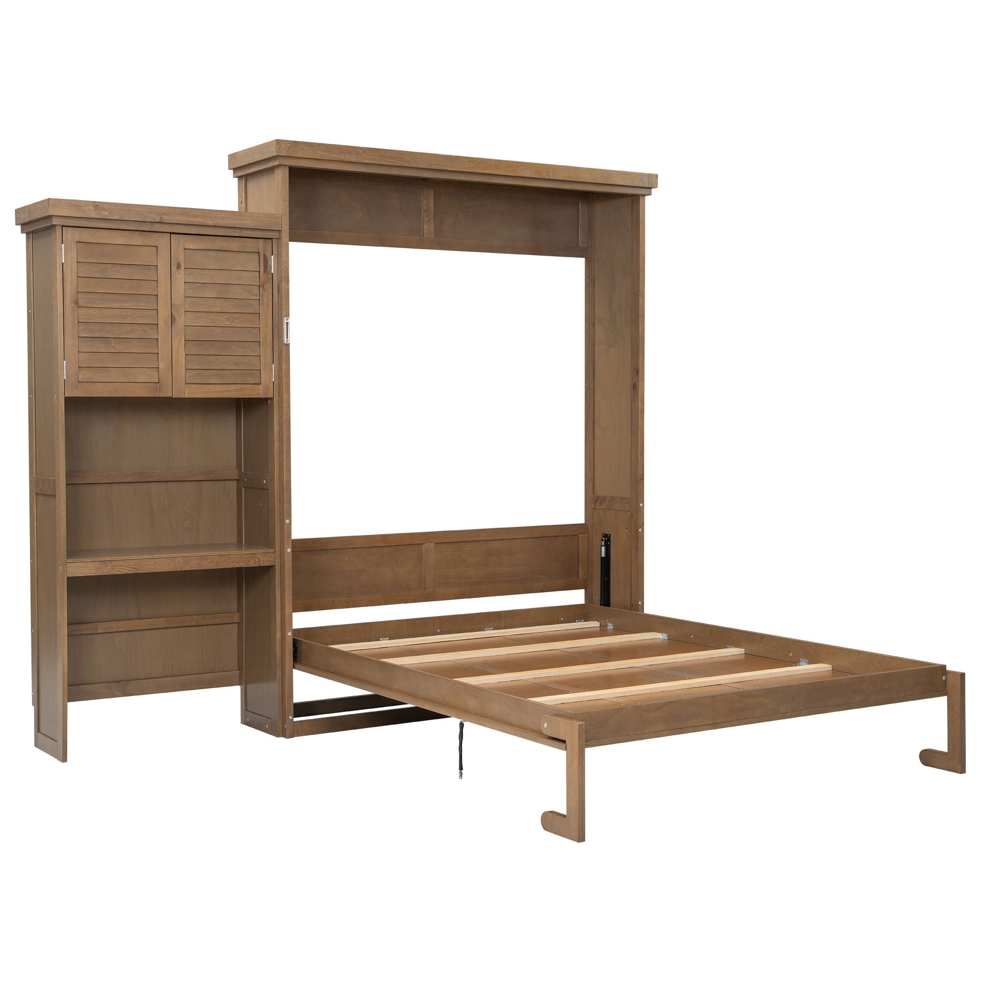 Queen Size Murphy Bed With Louvered Design And Multiple Storage Shelves - Wood
