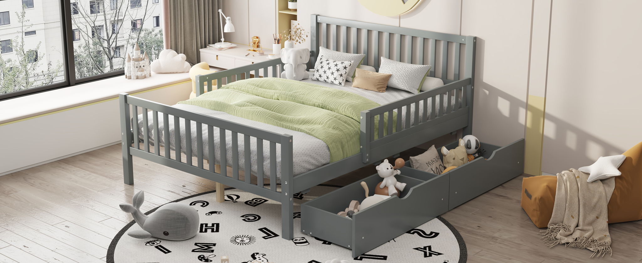 Platform Bed With Guardrails On Both Sides And 2 Storage Drawers