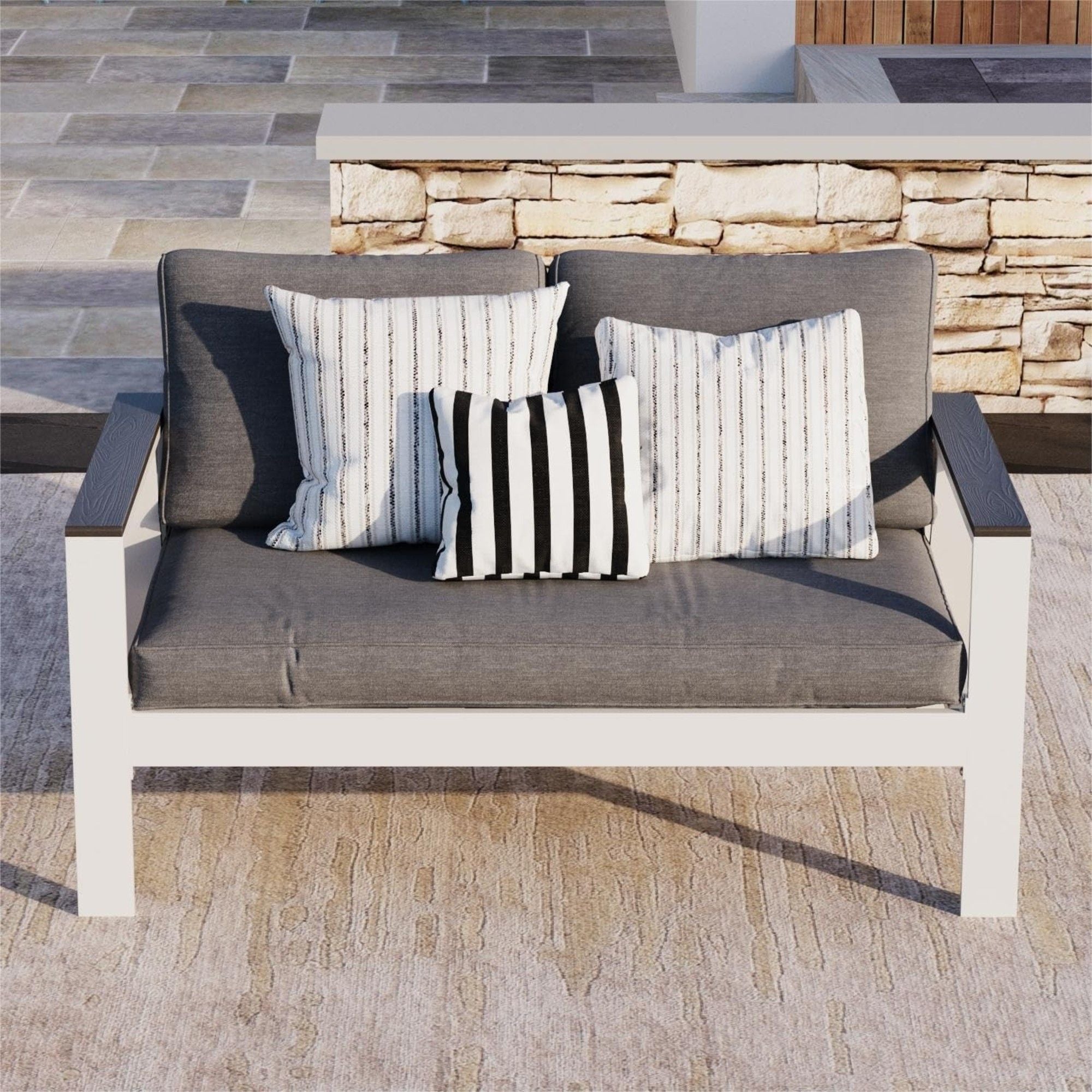 All Weather Patio Loveseat With Armrests & Angled Backrest - White / Gray