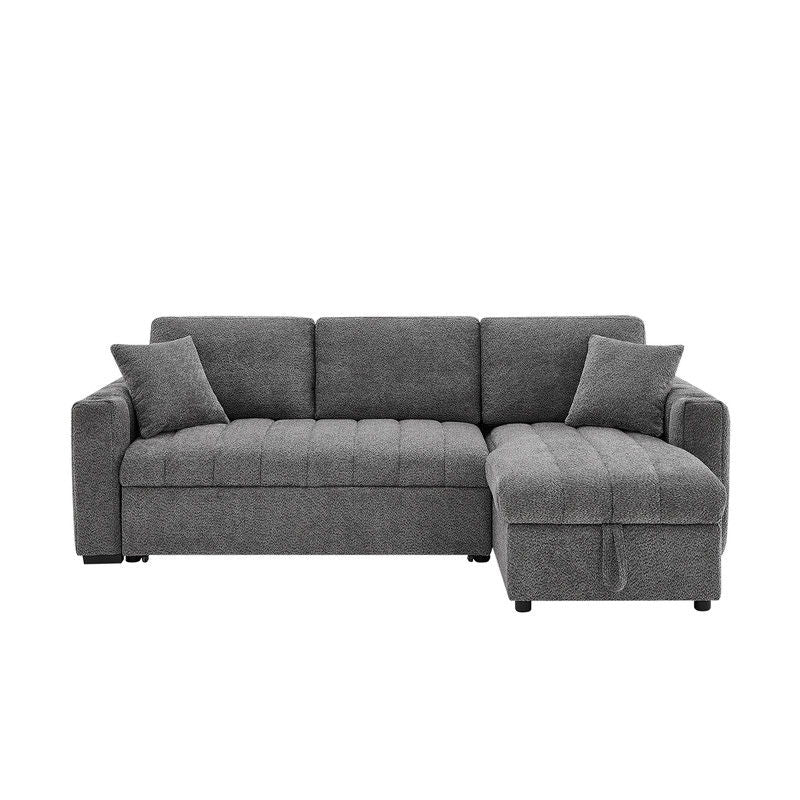 Seraphina 101"W Gray Chenille Fabric Reversible Sleeper Sectional Sofa with Storage Chaise, Cupholders, USB Charging Port, and Throw Pillows
