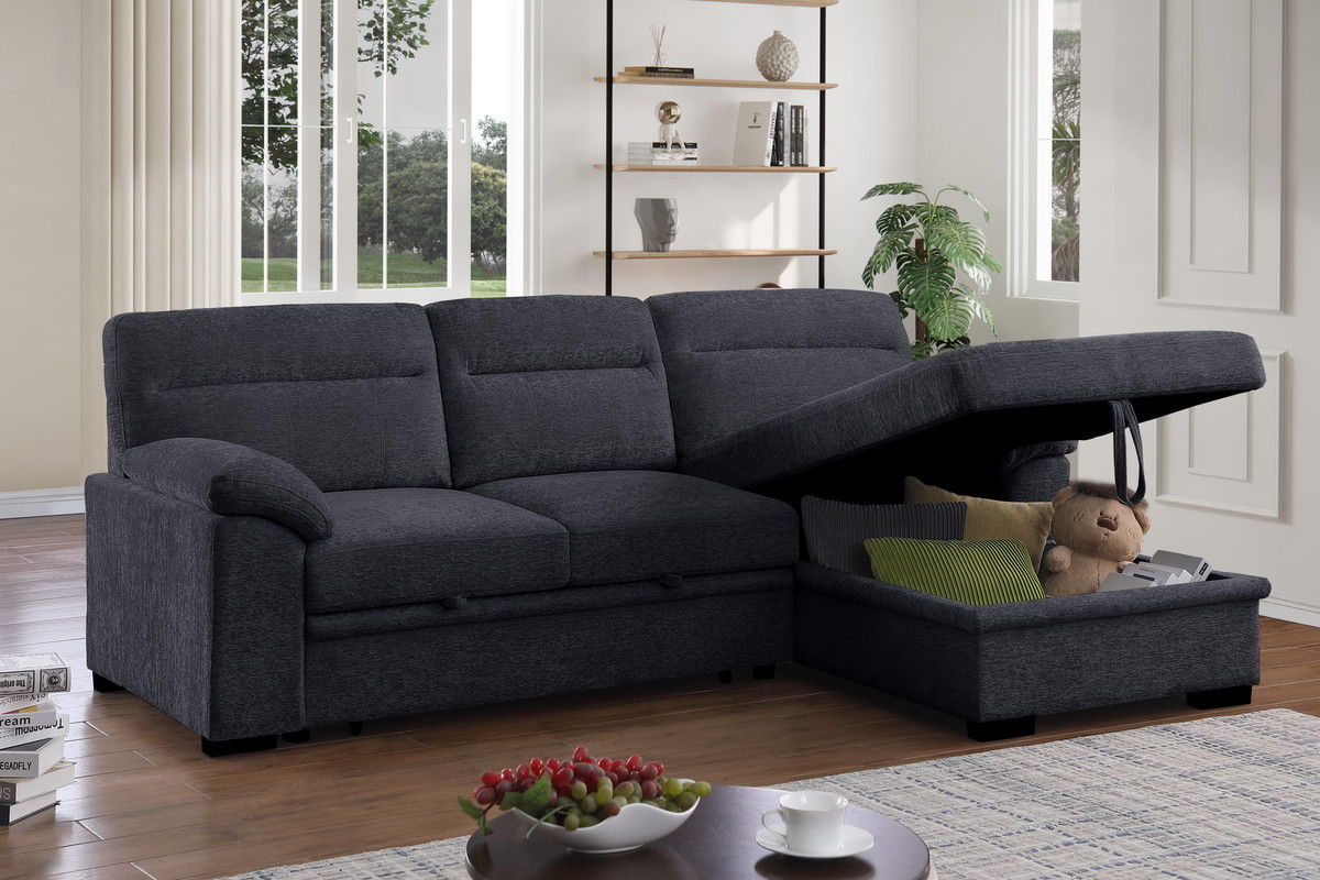 Kipling II 94"W Dark Gray Chenille Fabric Sleeper Sectional Sofa with Right-Facing Chaise, Cupholders, USB Charging port