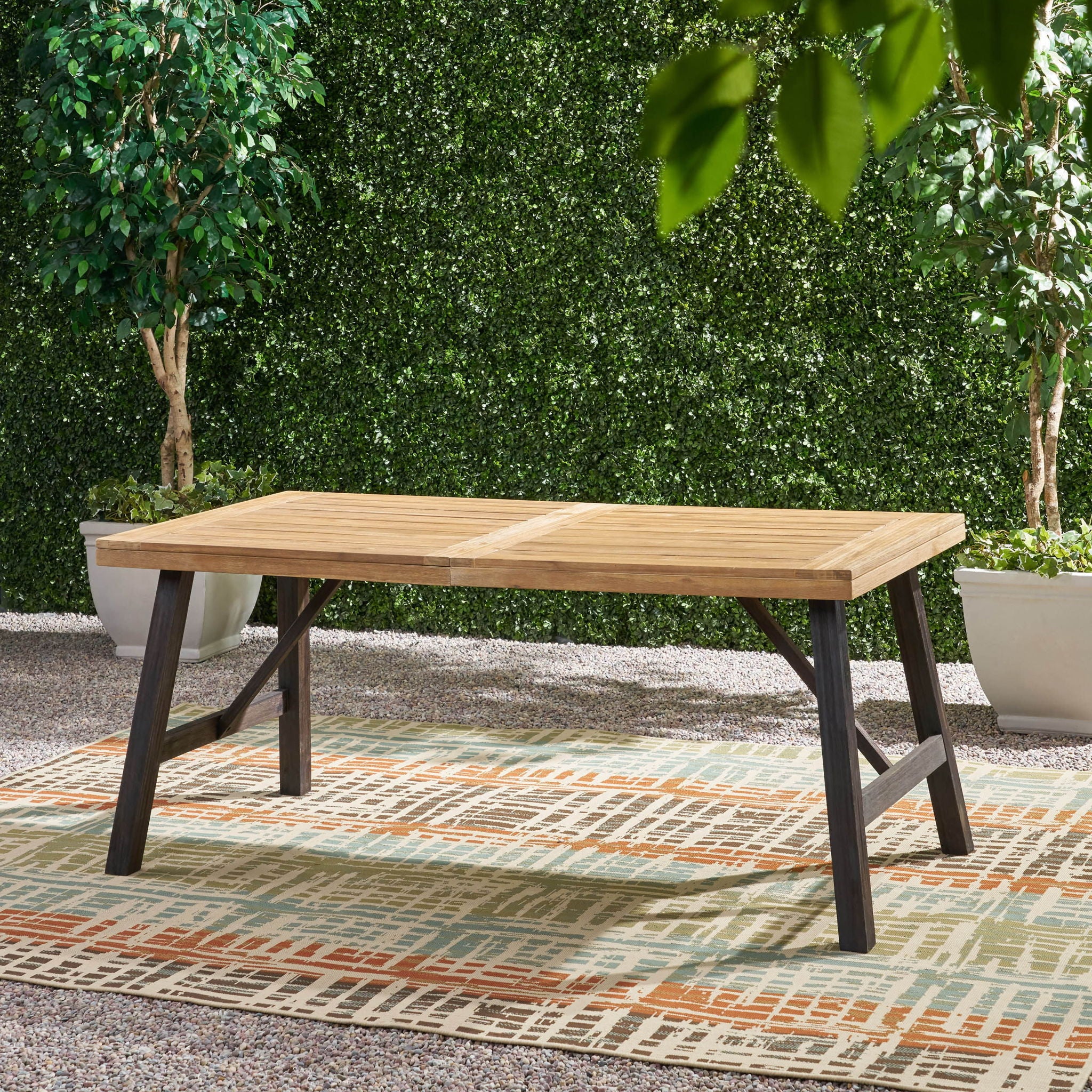 Outdoor Weather Resistant Dining Table With Slat Panel Design - Natural / Gray
