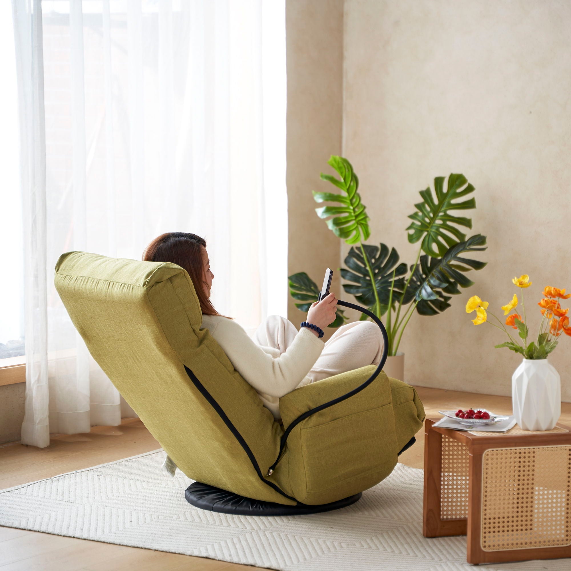 Adjustable Swivel Lounge Chair With 360 Degree Rotating Seat And Headrest Support