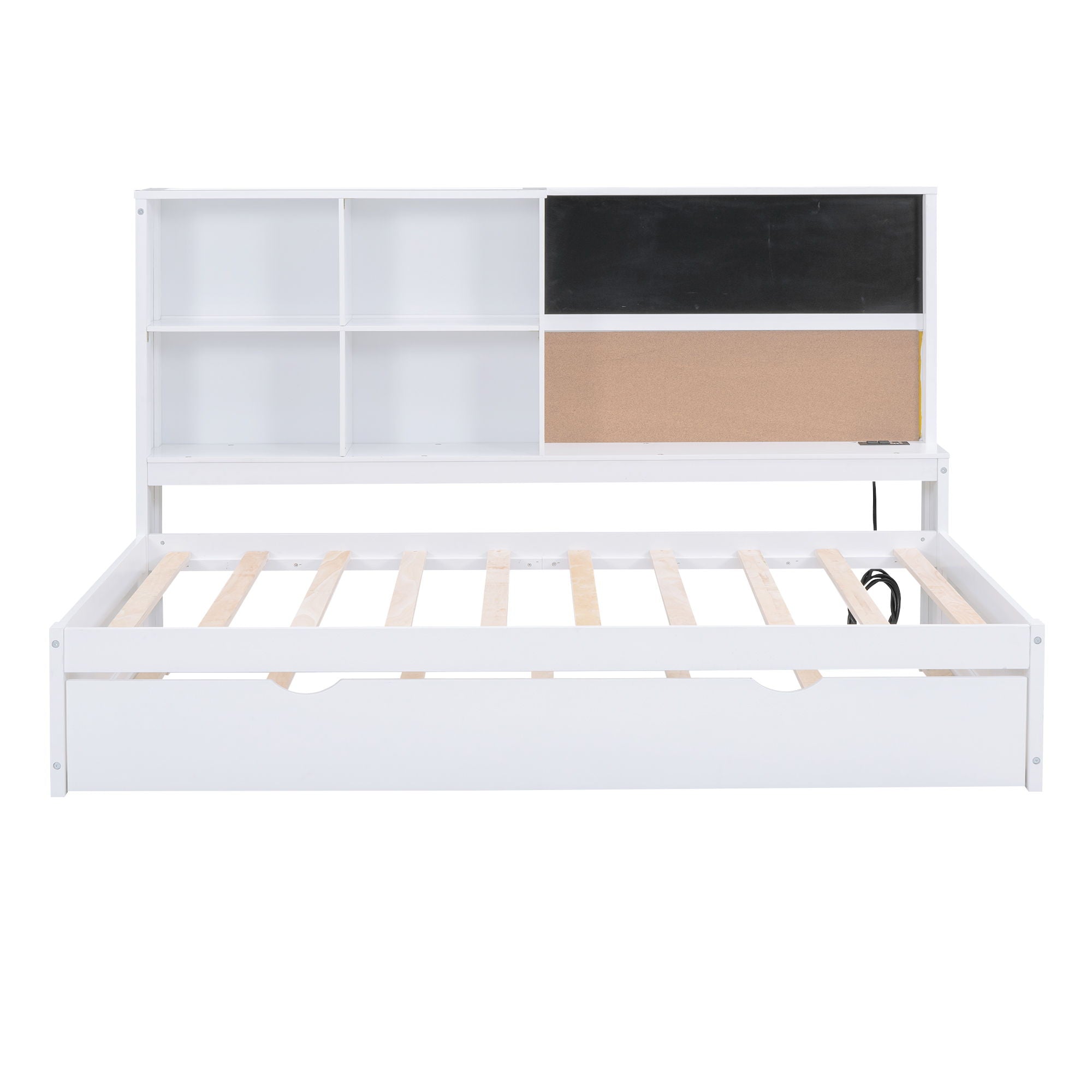 Twin Size Daybed With Storage Shelvesboard, Cork Board, USB Ports And Trundle - White