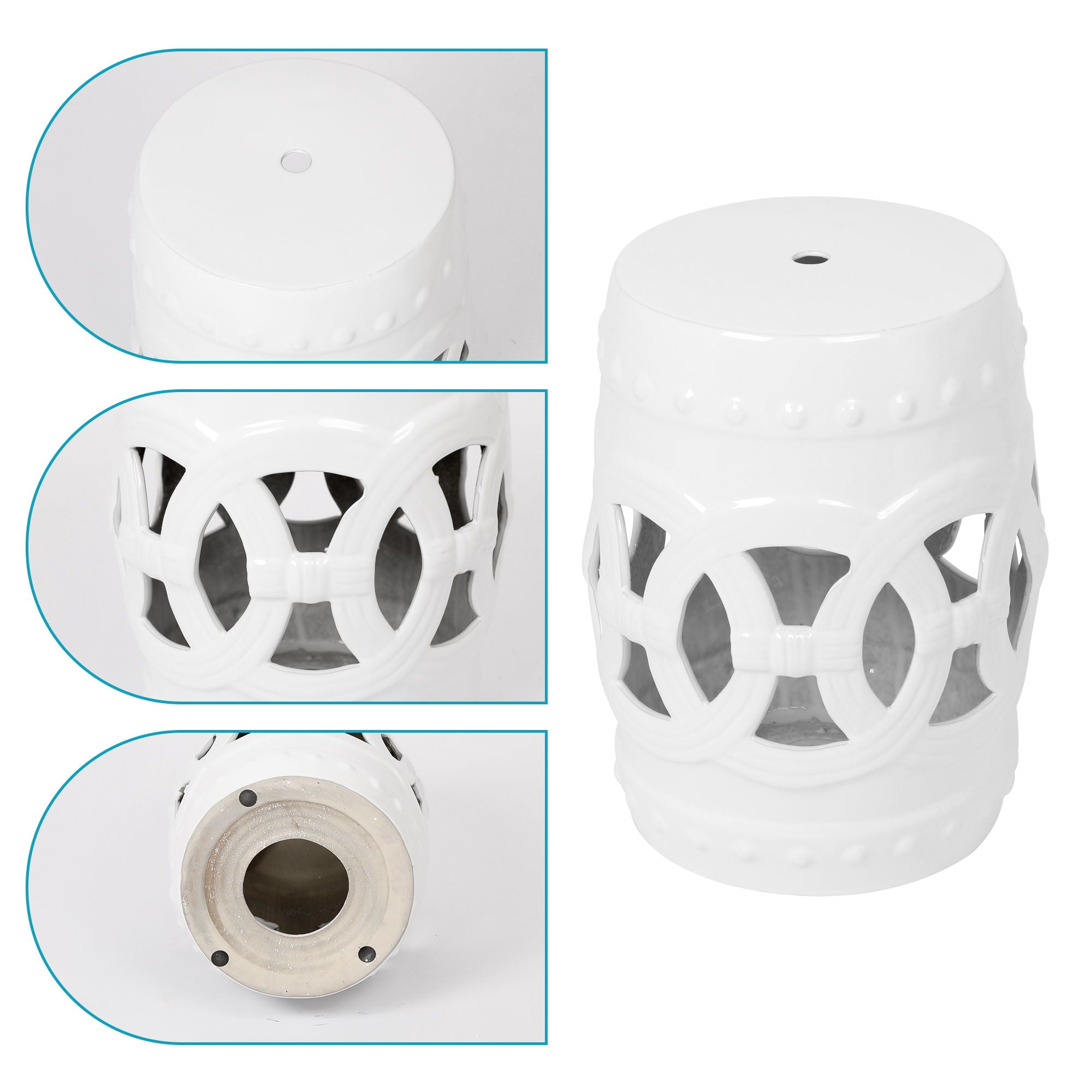 Elegant Glazed Ceramic Drum Stool Indoor / Outdoor Side Table Accent Garden Stool - White