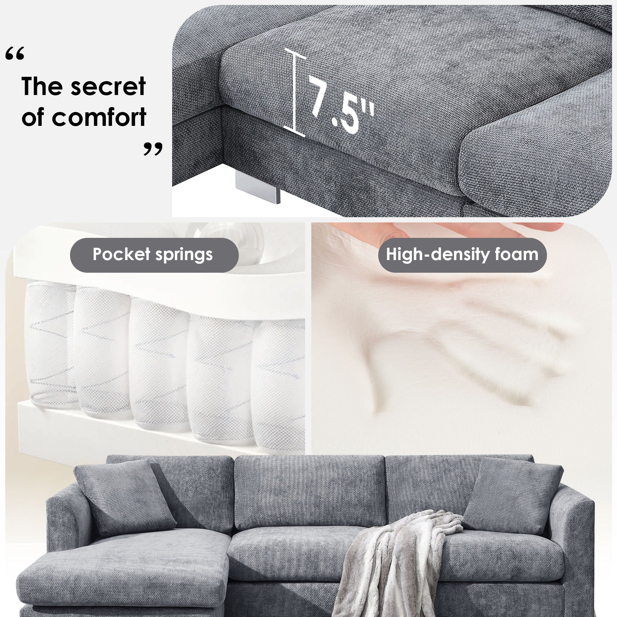 Modern Cloud Sectional Sofa L Shaped Luxury Couch Set With 2 Free Pillows 4 Seat With Oversized Chaise