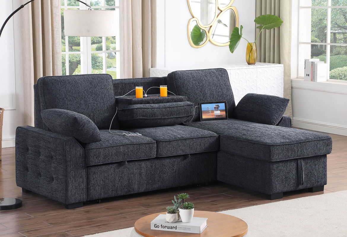 Mackenzie 91"W Charcoal Chenille Fabric Reversible Sleeper Sectional with Storage Chaise, Drop-Down Table, Cup Holders and Charging Ports