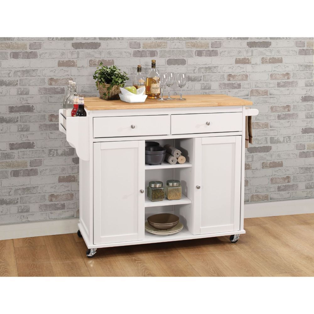 ACME Add storage space and charm to your kitchen with this Tullarick wheeled kitchen island. The stylish finish and natural wood top along with silver handles and pulls make this cart an adorable addition to cottage, contemporary or beach decor schemes. |
