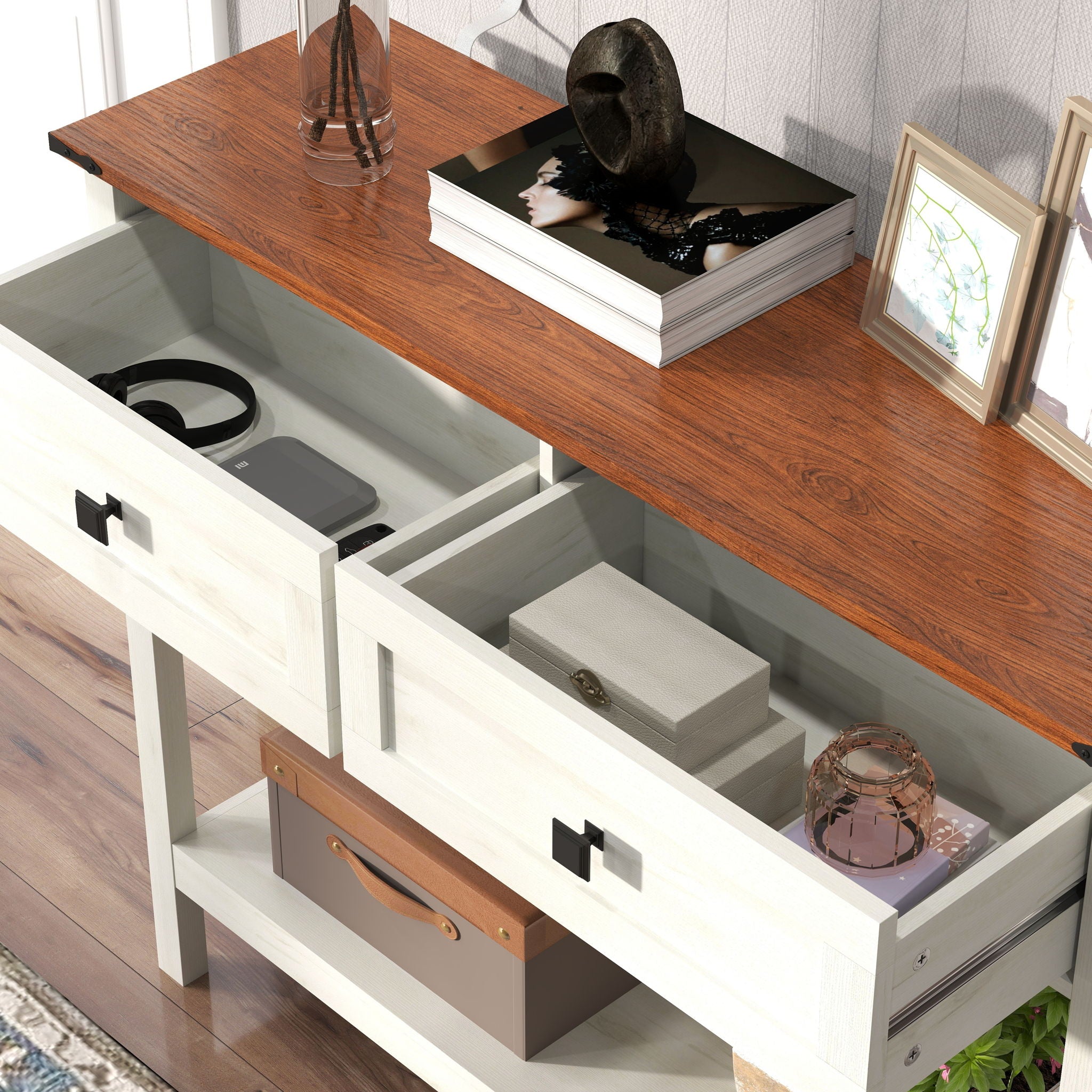 Farmhouse Style Console Table With 2 Drawers And Bottom Storage Shelf