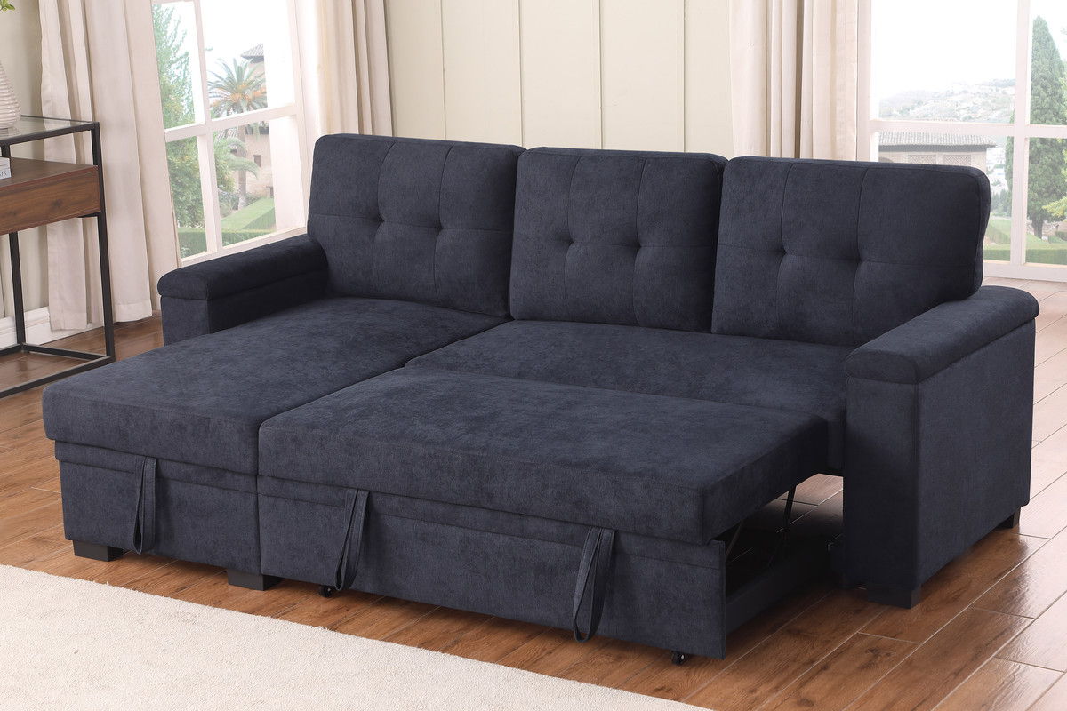Lucca II 84.5"W Dark Gray Woven Fabric Reversible Sleeper Sectional Sofa with Storage Chaise