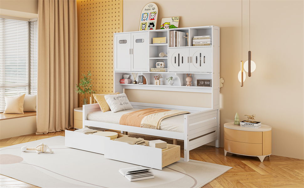 Daybed With All-In-One Cabinet And Shelf