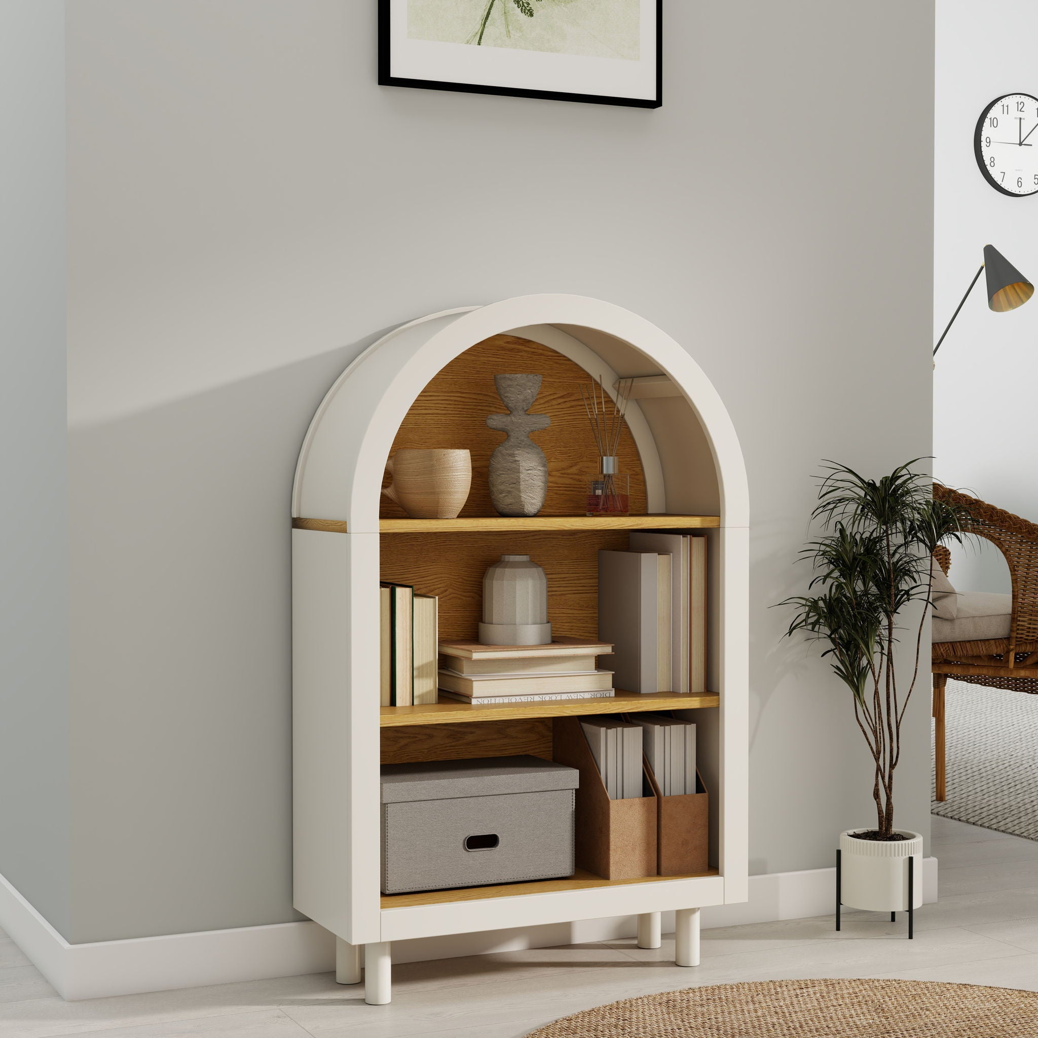 Arched Small Bookcase, Storage Cabinet, Bookshelf With 3 Shelves For Living Room - Oak / White