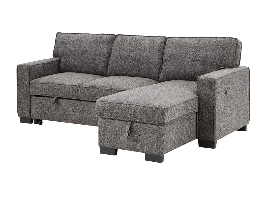 Estelle 86.5"W Dark Gray Fabric Reversible Sleeper Sectional with Storage Chaise Drop-Down Table 2 Cup Holders and 2 USB Ports