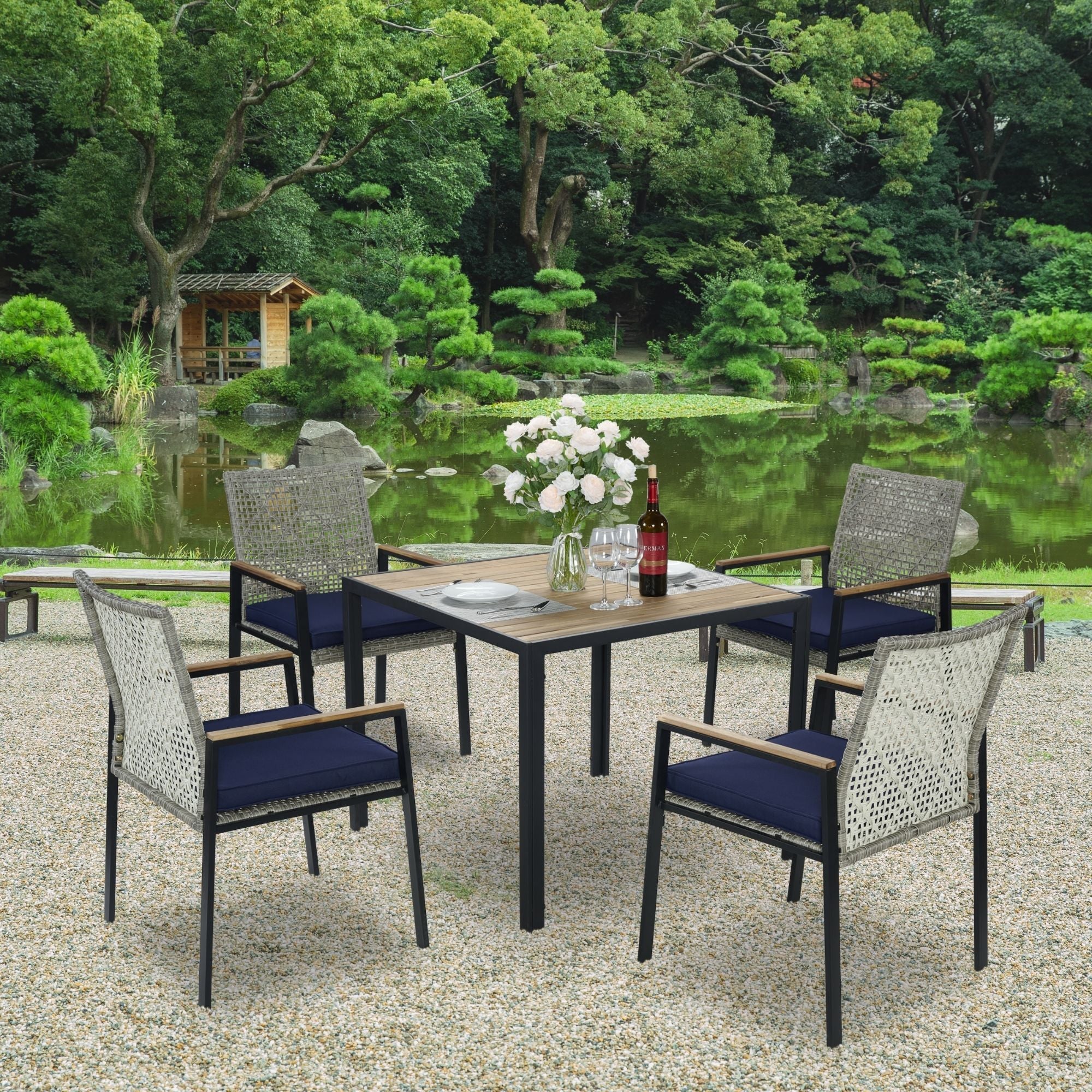 5 Piece Patio Dining Table Set, Acacia Wood Table Top With Umbrella Hole