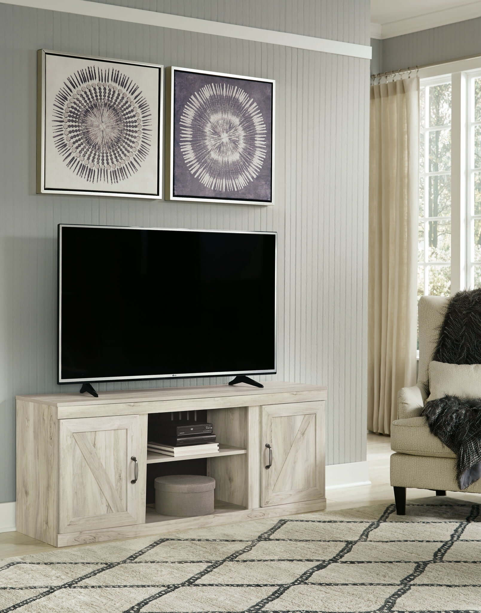 Bellaby - TV Stand With Faux Firebrick Fireplace Insert - Whitewash