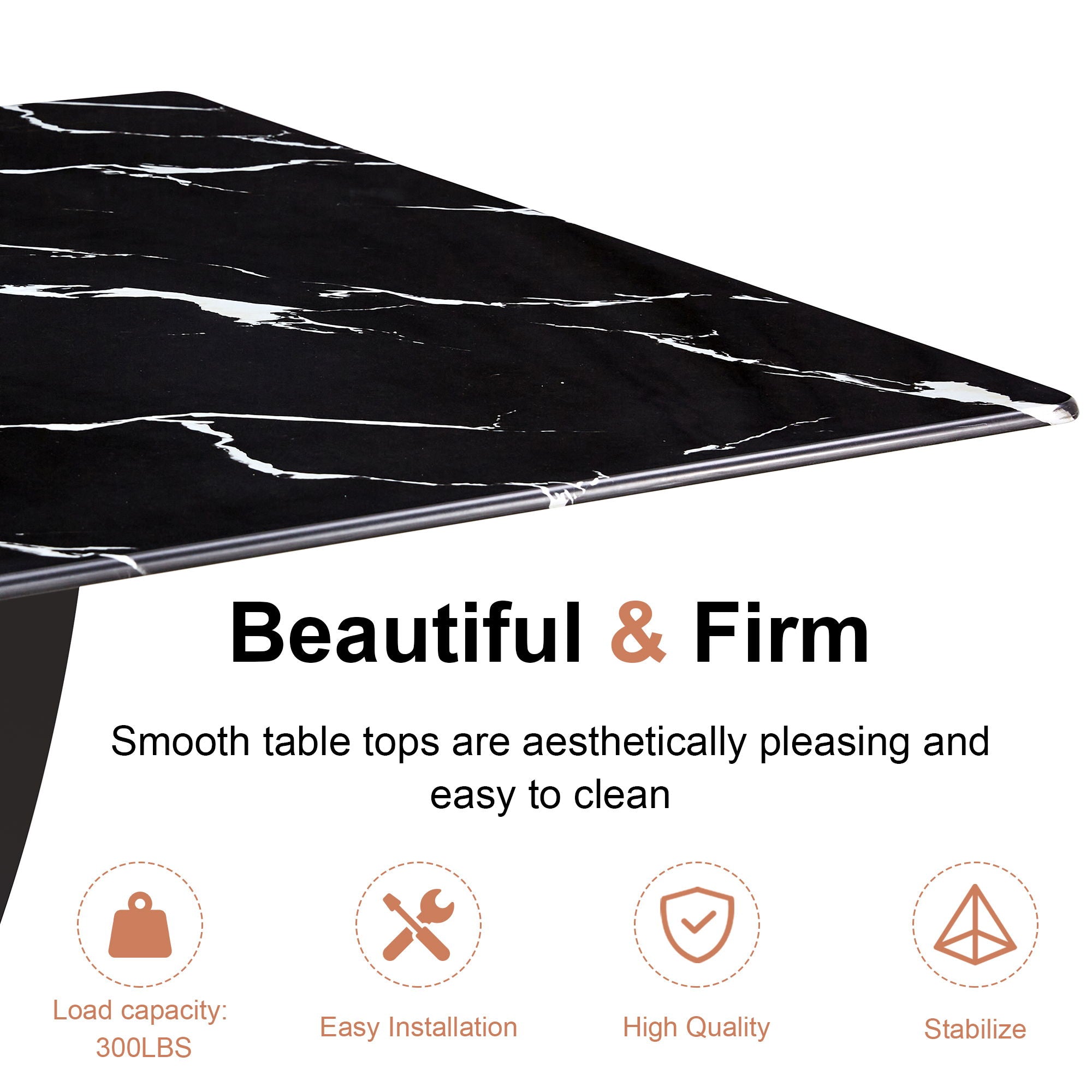 Modern Minimalist Luxurious Imitation Marble Dining Table Rectangular Office Desk With Tempered Glass - Black