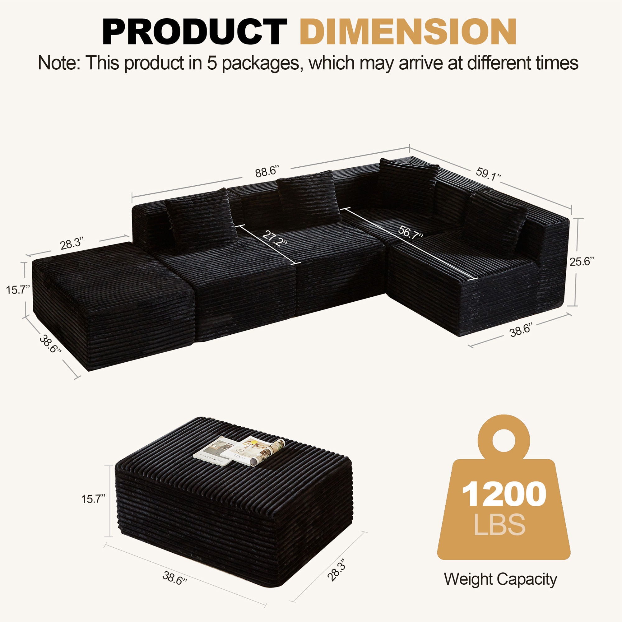 Modular Sectional Couches For Living Room With Deep Seat, L Shape Cloud Sofa Couch, High Density Memory Foam, Boneless Upholstered Couchesy - Black