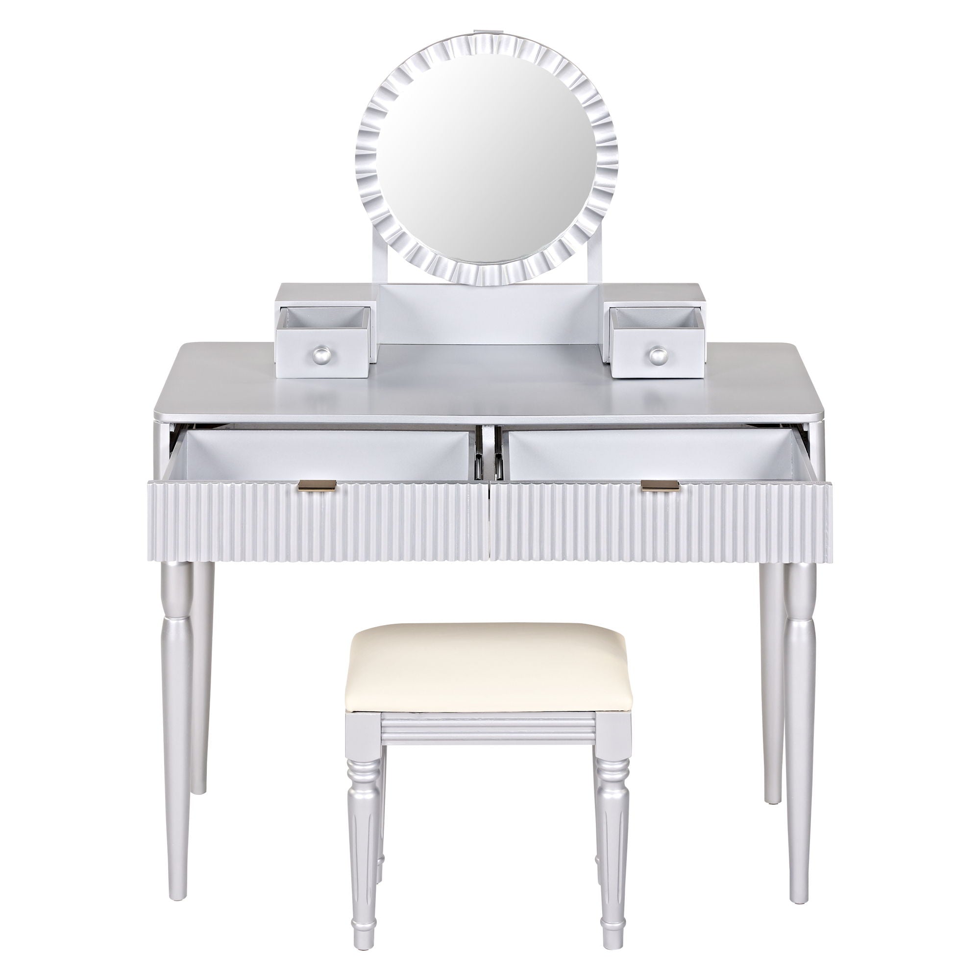 Luxury Vanity Desk With Round Mirror Height Adjustable Dressing Table Set Engineered Wood - Silver